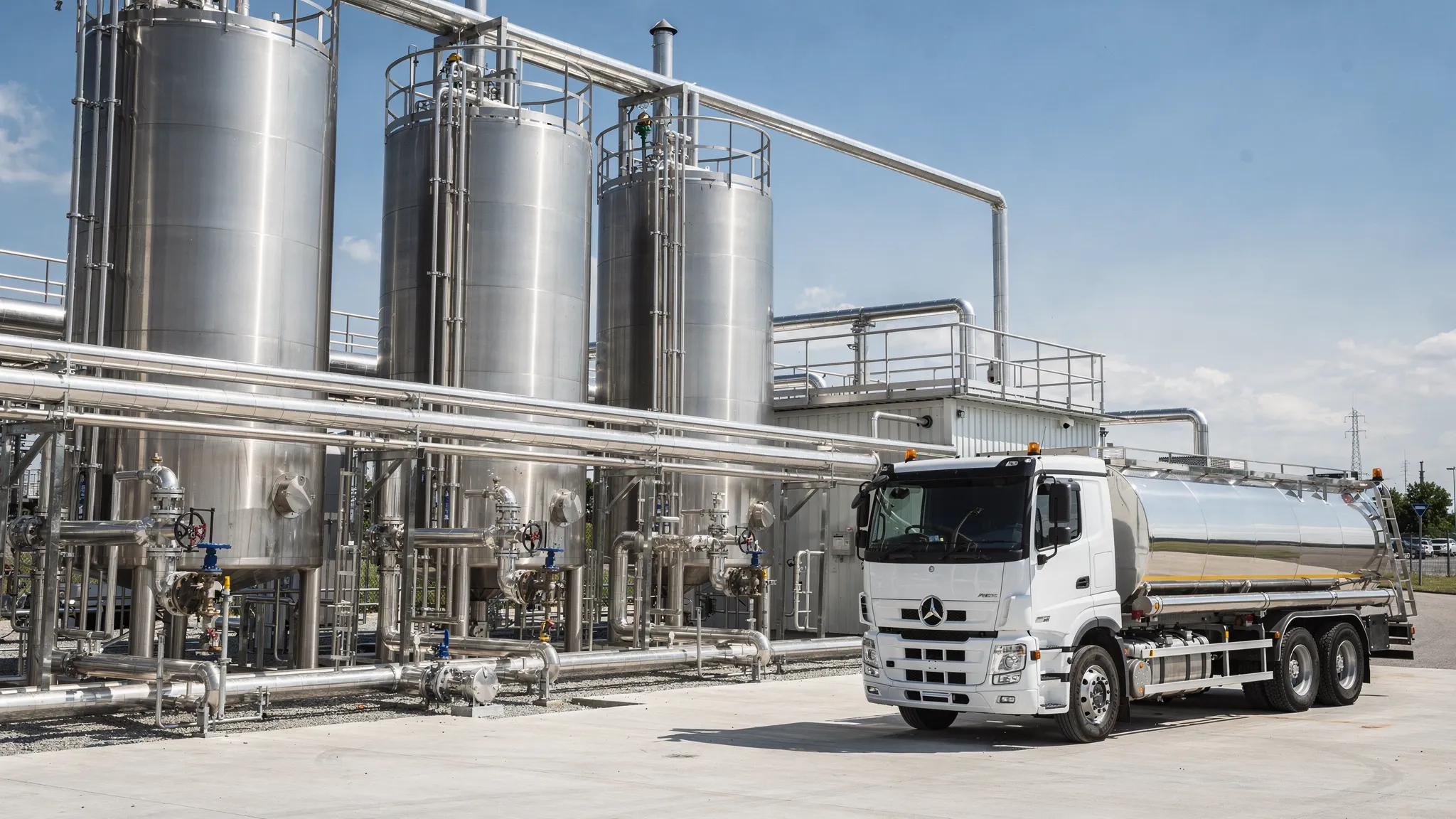 Stainless storage tanks and piping at a renewable liquid fuel facility with a delivery truck nearby.