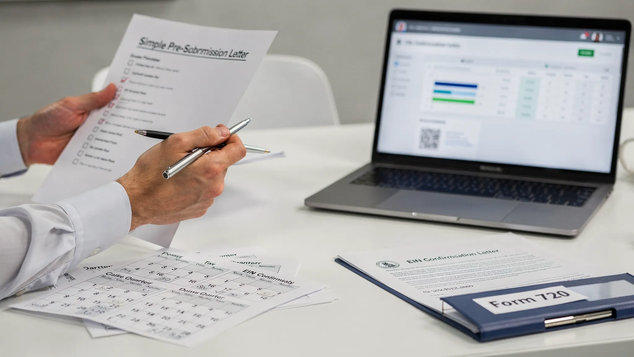 A business tax preparer reviewing a simple pre-submission checklist next to a laptop, with printed quarterly calendar dates, an EIN confirmation letter, and a “Form 720” folder on a desk. The laptop screen should face the viewer but show no readable private data.