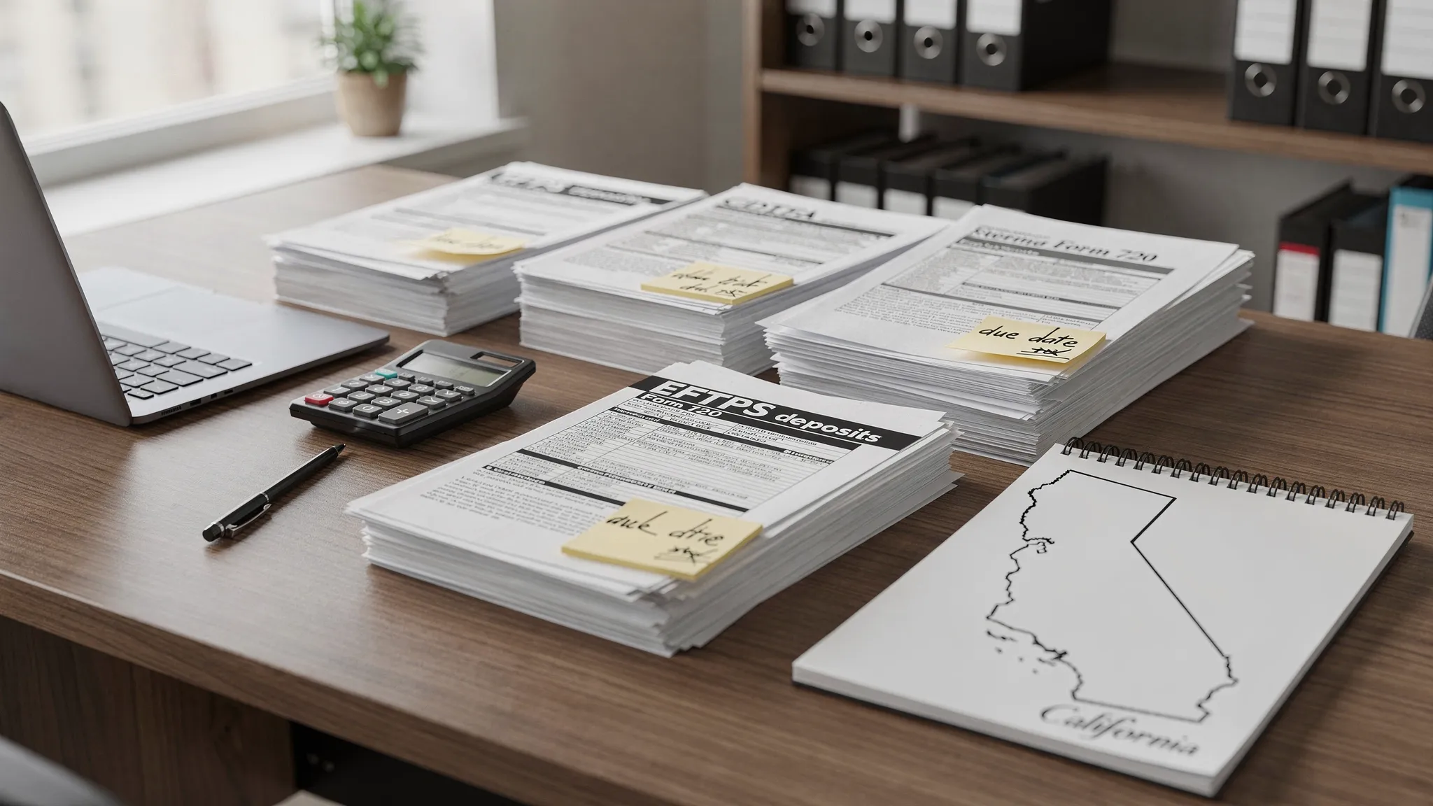A California-focused compliance scene showing a fuel distributor desk with organized documents labeled “Form 720”, “EFTPS deposits”, “CDTFA”, and “Form 8849”, plus a small map outline of California on a notepad.