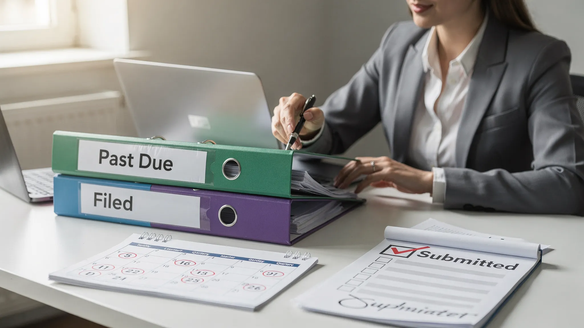 A calm, reassuring scene of a finance manager organizing “Past Due” and “Filed” folders beside a laptop, with a calendar showing quarterly due dates and a checkbox marked “Submitted”.