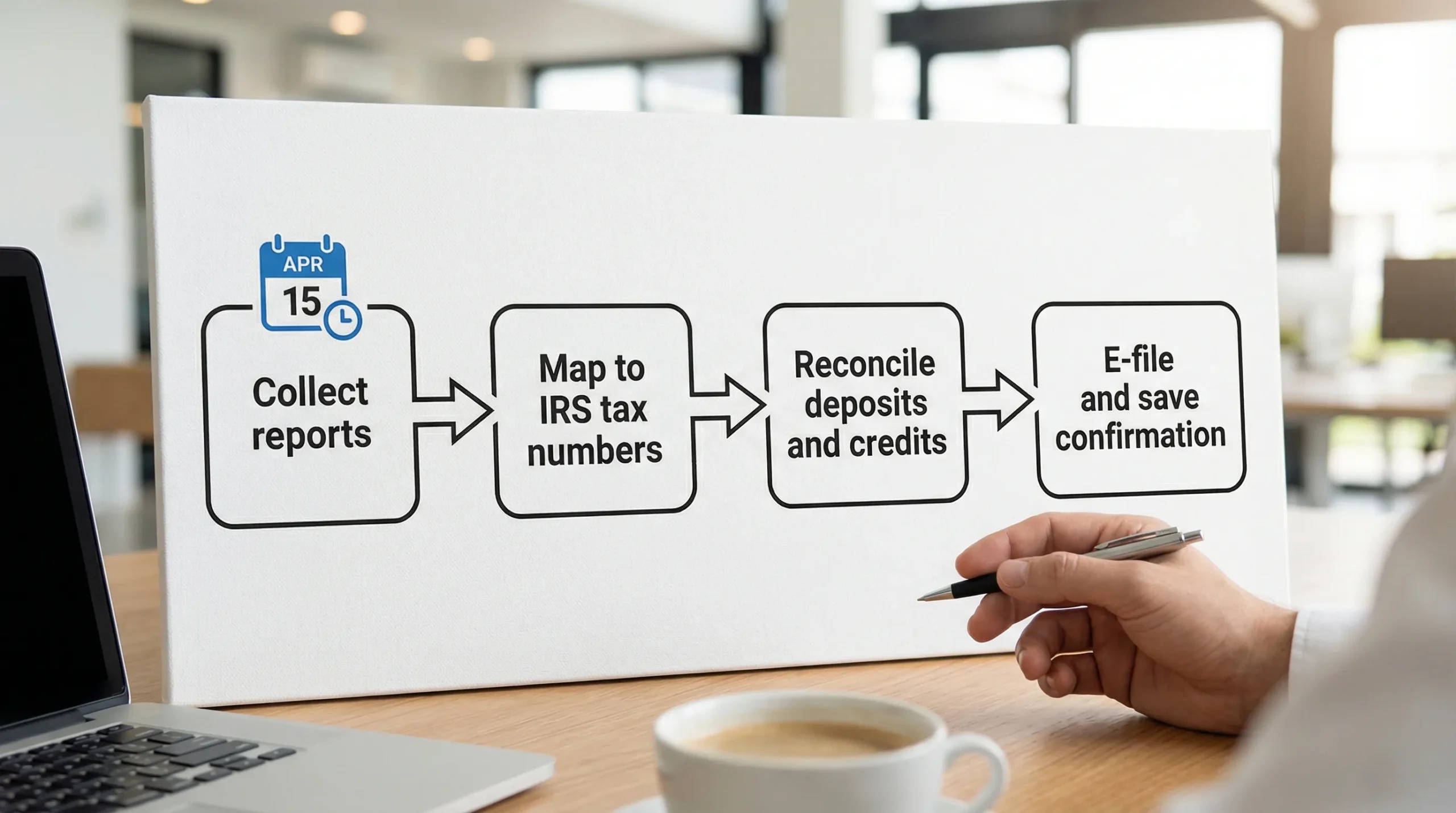 A clean workflow diagram with four boxes connected left to right labeled “Collect reports,” “Map to IRS tax numbers,” “Reconcile deposits and credits,” and “E-file and save confirmation,” with a small calendar icon above the first box.