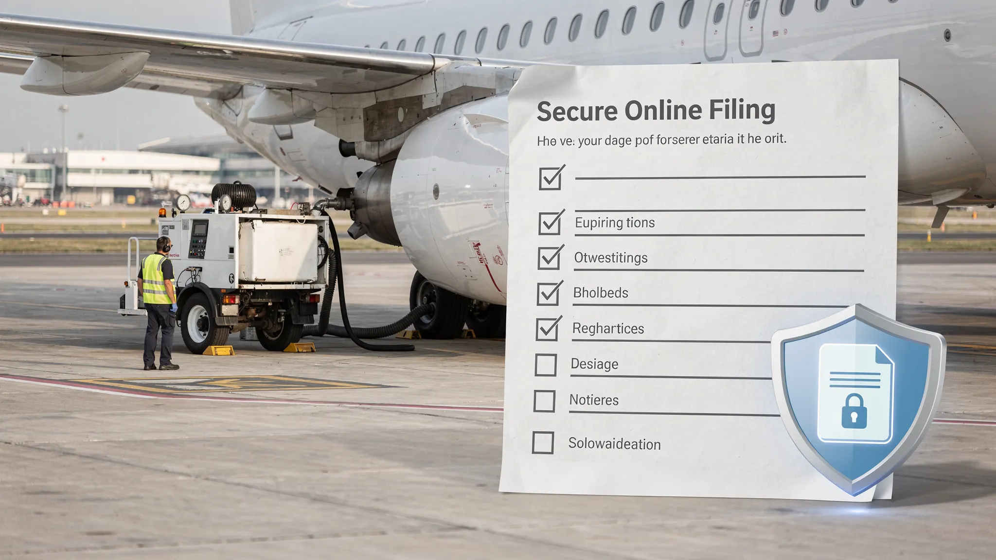 A commercial airplane on the tarmac being refueled by a fuel truck, with a paper checklist and a secure online filing icon beside the scene.