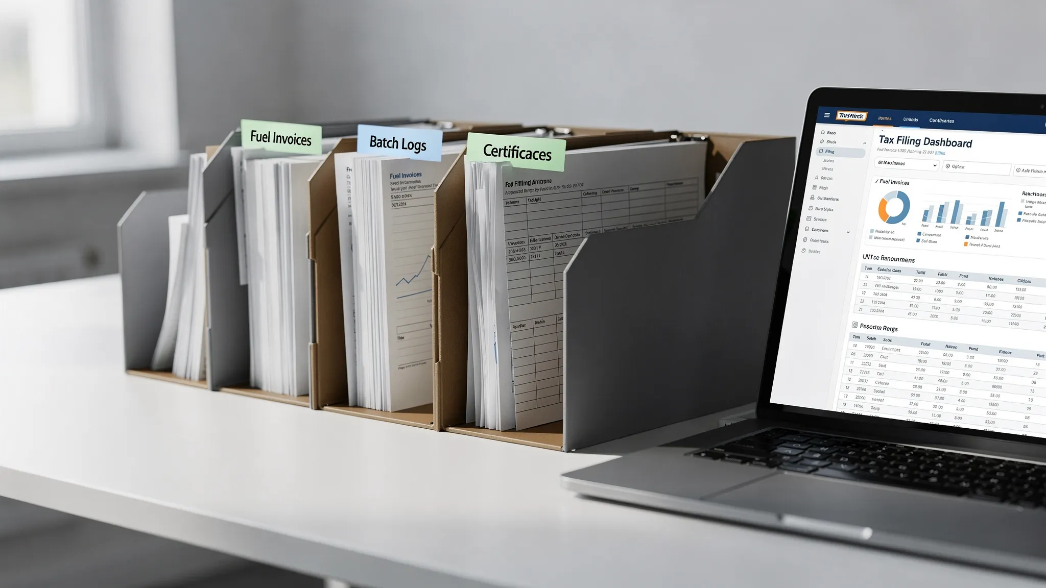 A neat folder system with fuel invoices, batch logs and certificates laid out on a desk next to a laptop showing an online tax filing dashboard.