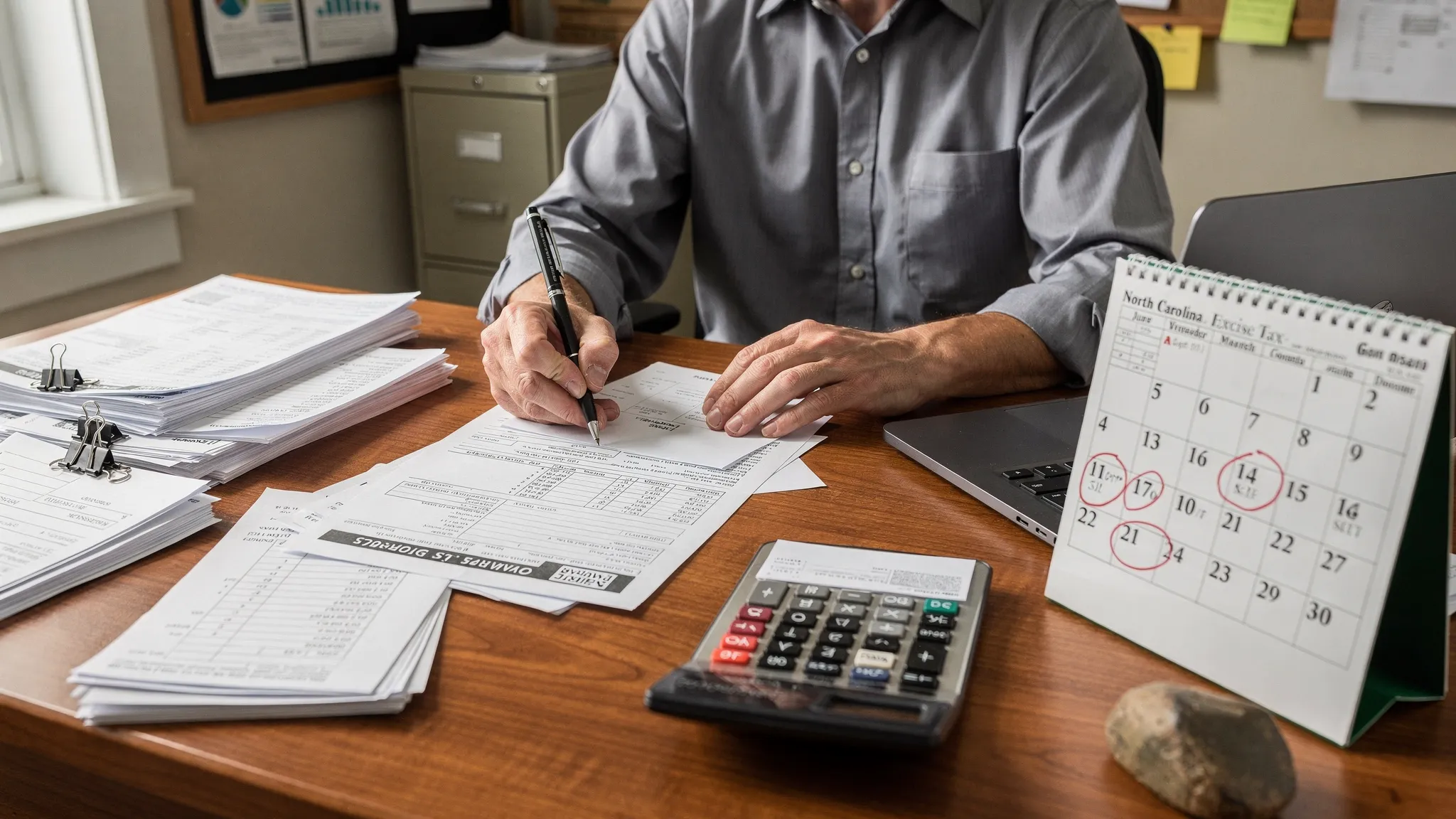 A North Carolina business owner reviewing quarterly excise tax documents at a desk with paper invoices, a calculator, and a calendar showing quarter-end dates, in a small office setting.