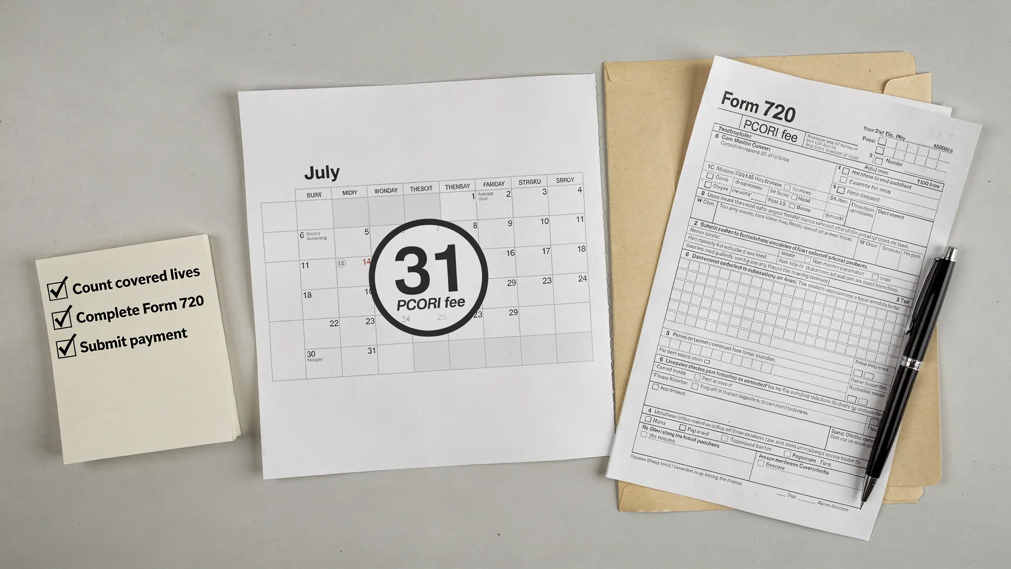 A simple calendar page highlighting “July 31” alongside a Form 720 document labeled “PCORI fee,” with a small checklist showing “Count covered lives,” “Complete Form 720,” and “Submit payment.”
