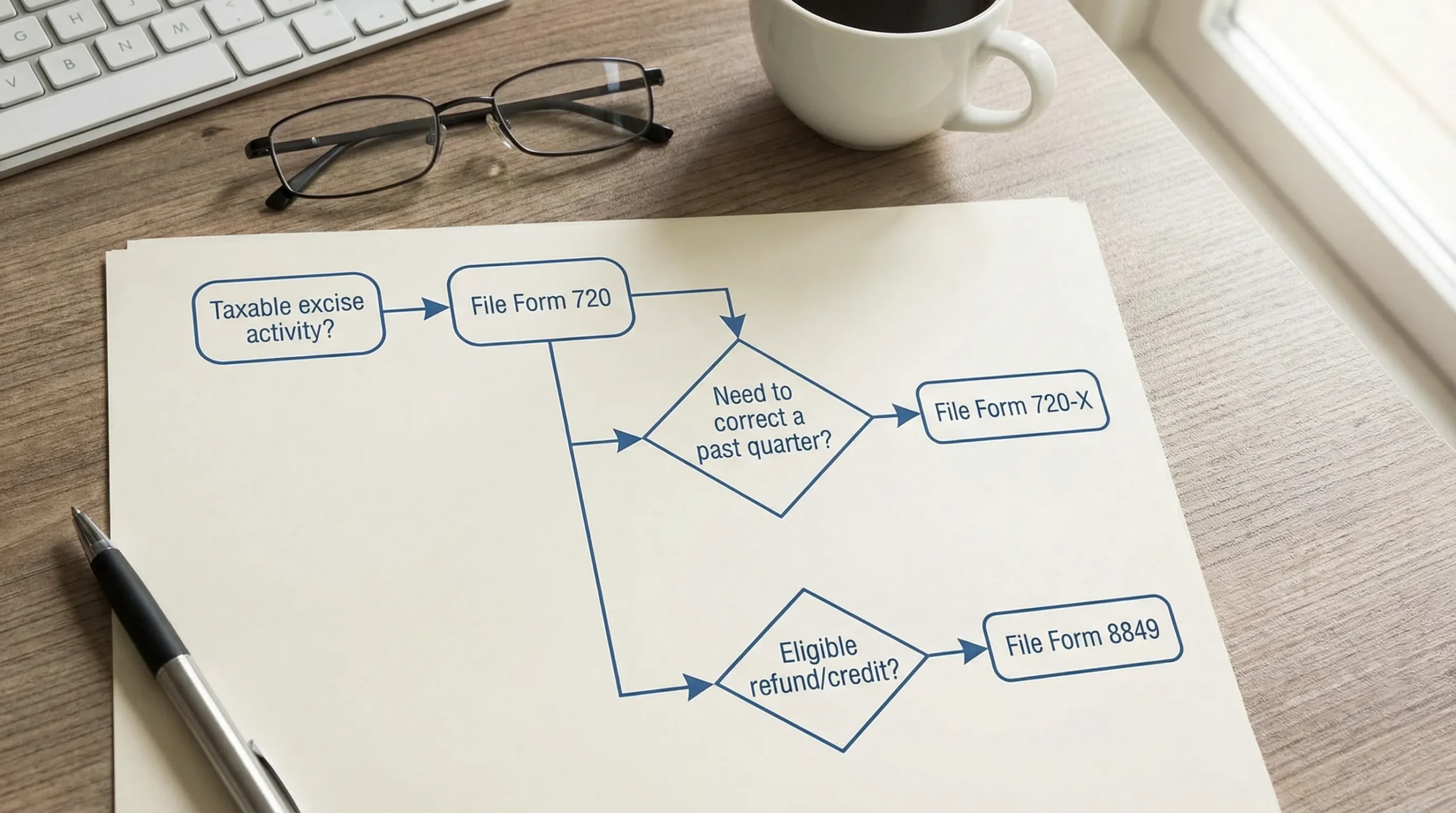 A simple decision flowchart showing “Taxable excise activity?” leading to “File Form 720,” then branches to “Need to correct a past quarter?” leading to “File Form 720-X,” and “Eligible refund/credit?” leading to “File Form 8849.”
