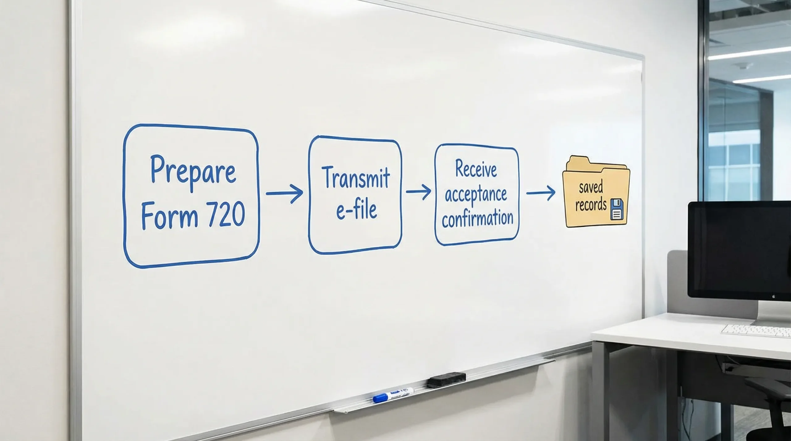 A simple flow illustration showing three steps labeled “Prepare Form 720,” “Transmit e-file,” and “Receive acceptance confirmation,” with a folder icon for saved records at the end.