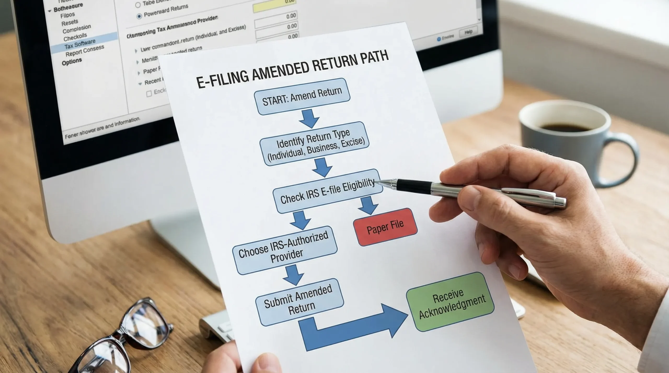 A simple flowchart showing the decision path for e-filing an amended return: start, identify return type (individual vs business vs excise), check IRS e-file eligibility, choose IRS-authorized provider, submit, receive acknowledgment.