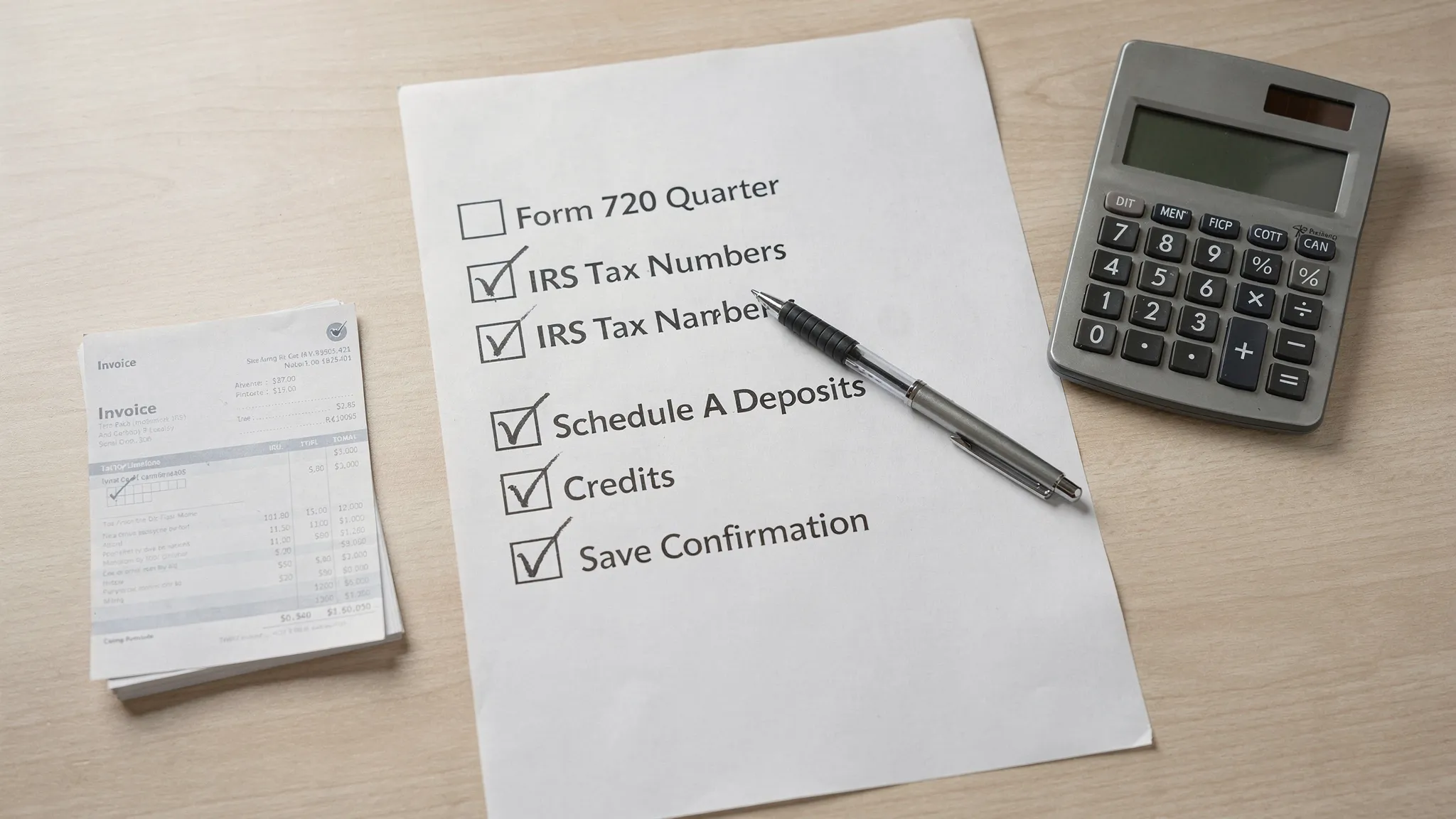 A simple one-page checklist on a desk showing “Form 720 Quarter,” “IRS Tax Numbers,” “Schedule A Deposits,” “Credits,” and “Save Confirmation,” with a calculator and a small stack of invoices beside it.