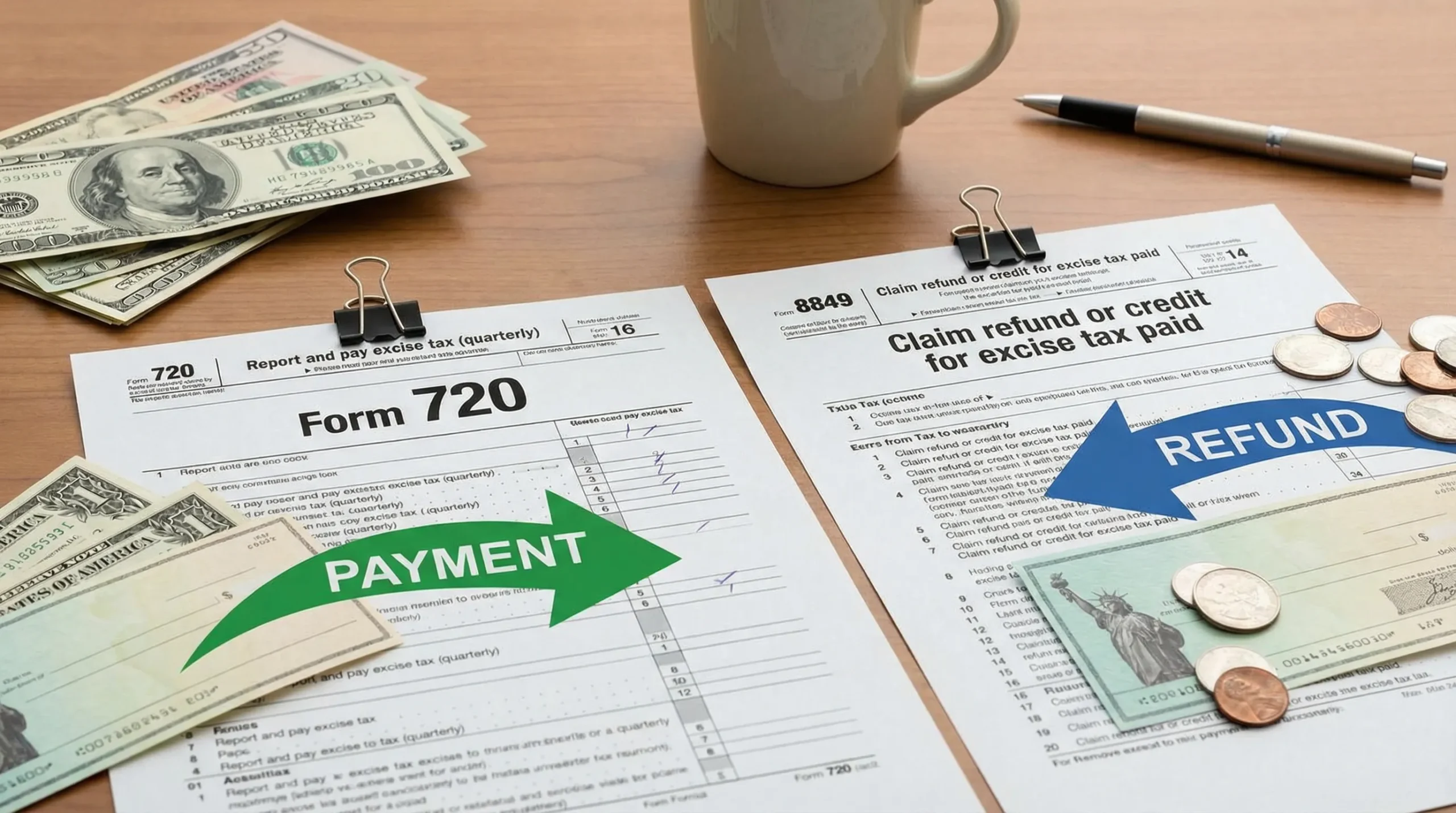 A simple side-by-side visual showing Form 720 labeled “Report and pay excise tax (quarterly)” and Form 8849 labeled “Claim refund or credit for excise tax paid,” with arrows indicating payment vs refund.