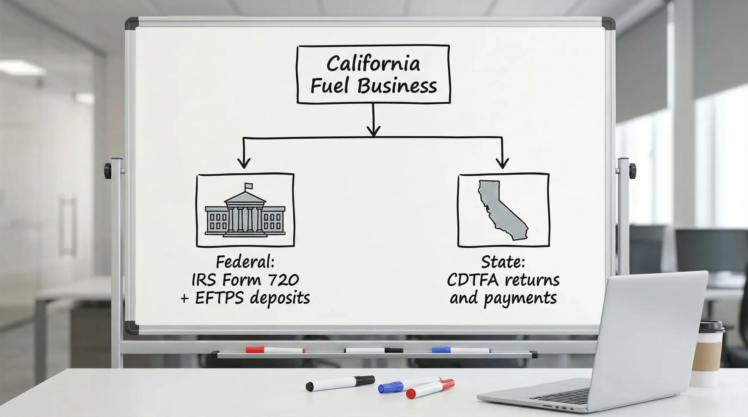 A simple split-flow diagram showing two paths for a California fuel business: one path labeled “Federal: IRS Form 720 + EFTPS deposits” and a second path labeled “State: CDTFA returns and payments”, with icons for a federal building and the state of California.