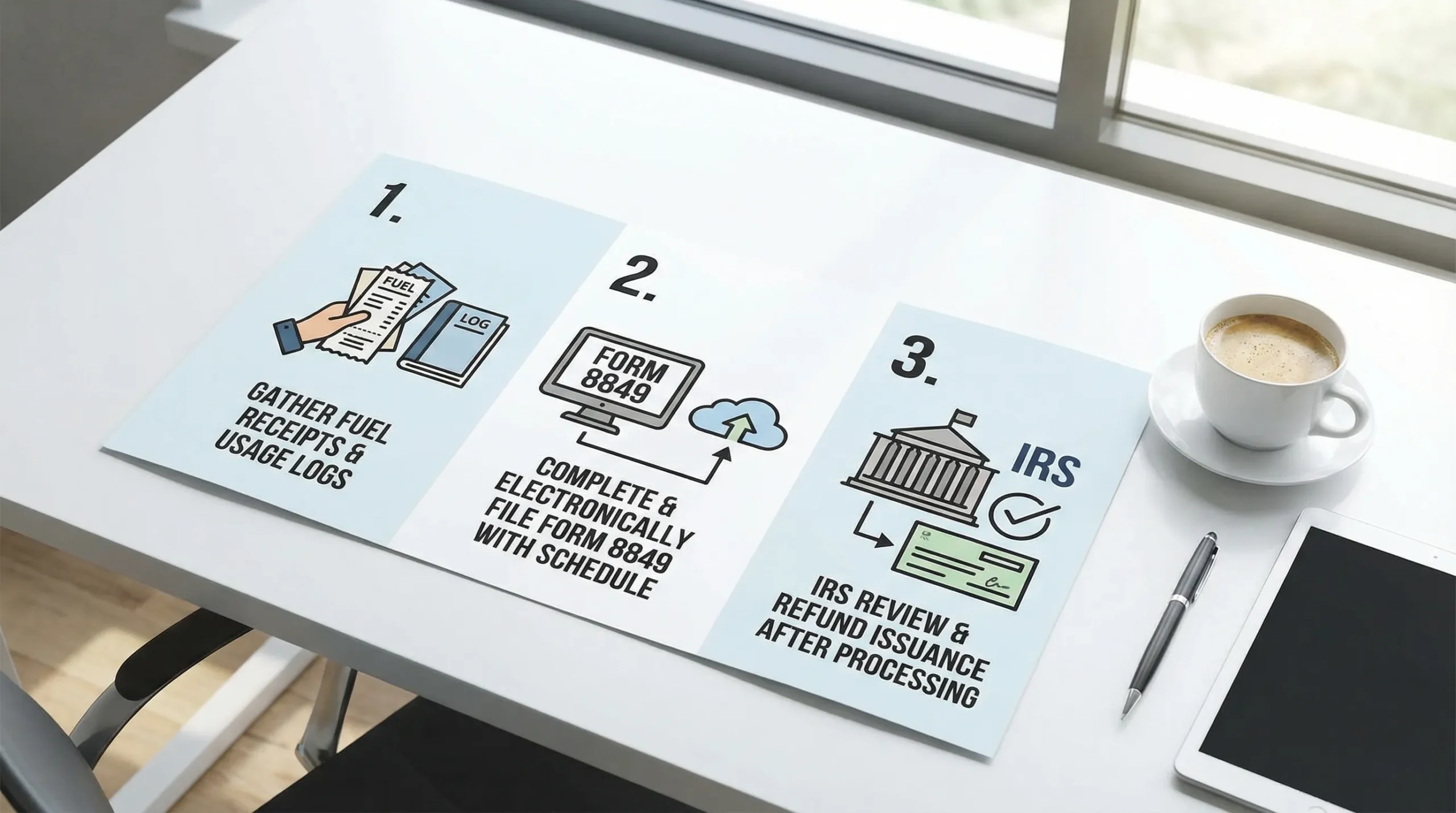A simple three-step timeline graphic showing: (1) gather fuel receipts and usage logs, (2) complete and electronically file Form 8849 with the correct schedule, (3) IRS review and refund issuance after processing.