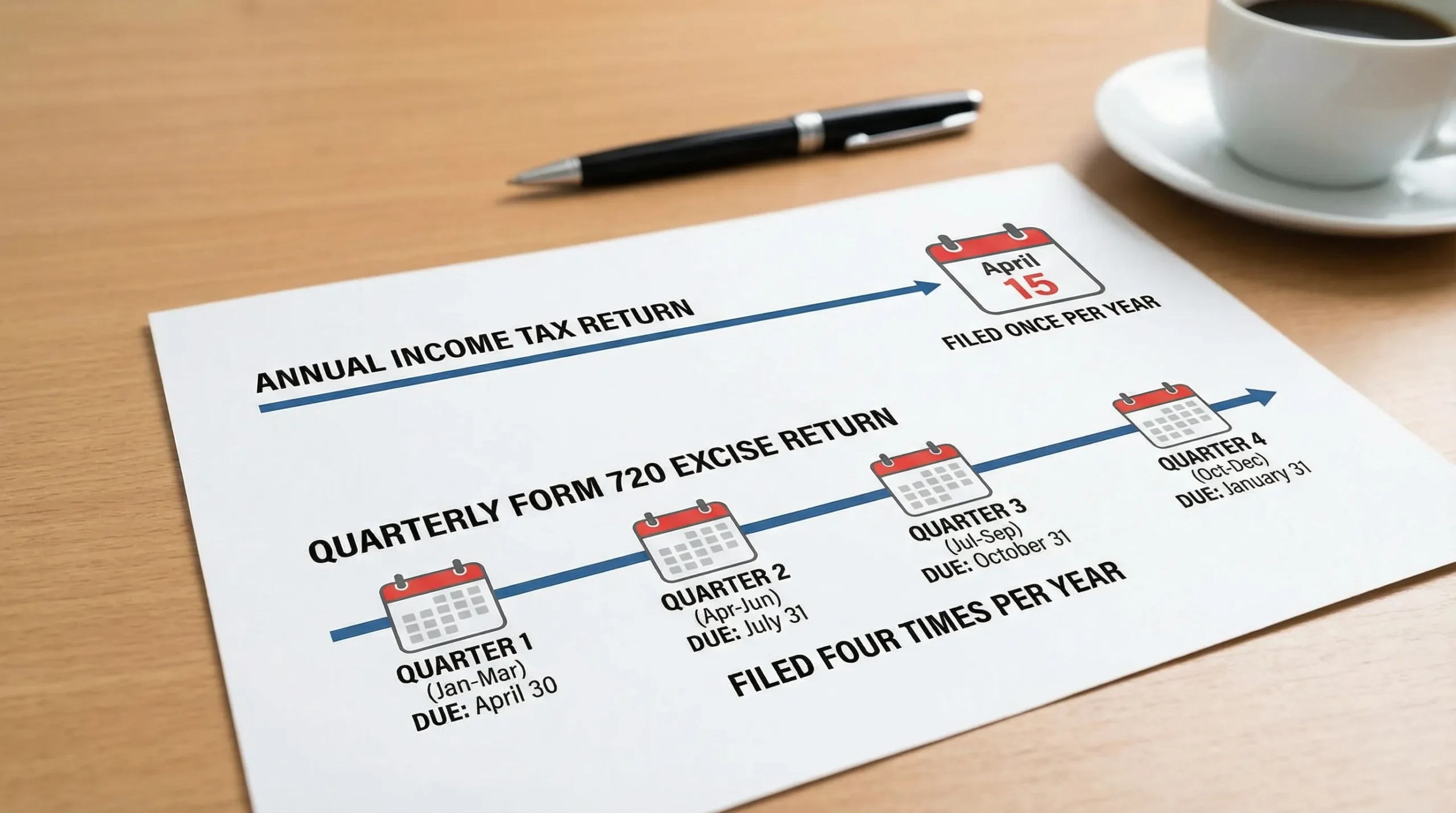 A simple timeline graphic comparing an annual income tax return filed once per year versus a quarterly Form 720 excise return filed four times per year, with labeled quarters and due dates.
