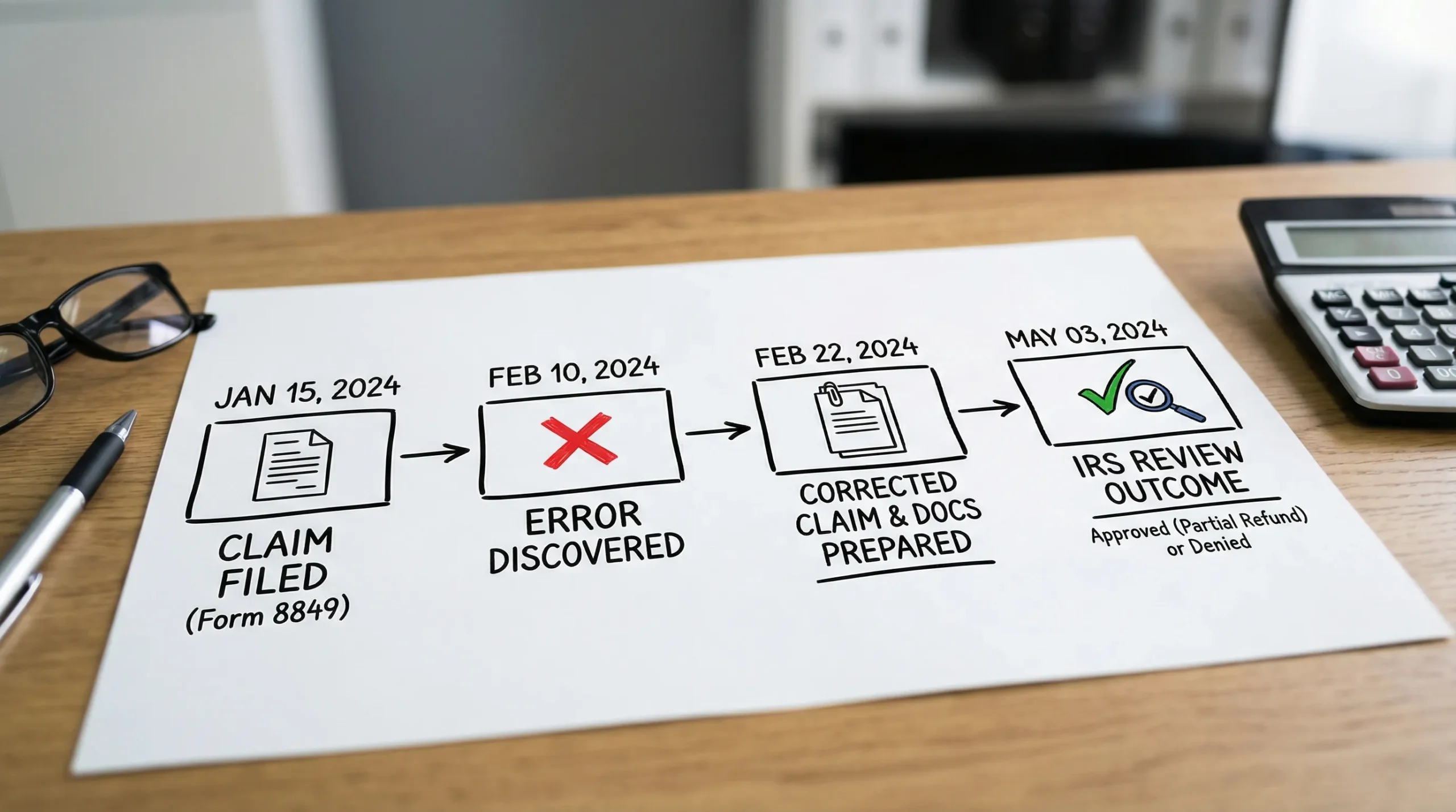 A simple timeline illustration showing a Form 8849 refund claim filed, an error discovered, a corrected claim prepared with documentation, and the IRS review outcome, with clear milestone labels and dates.