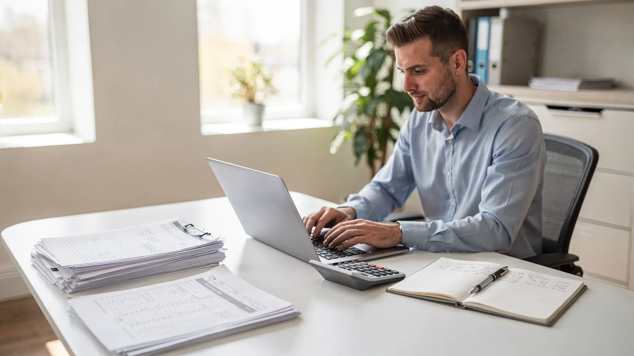 A small business accounting professional sits at a tidy desk using a laptop to file taxes online, with organized paper documents, a calculator, and a notebook nearby in a bright office setting.
