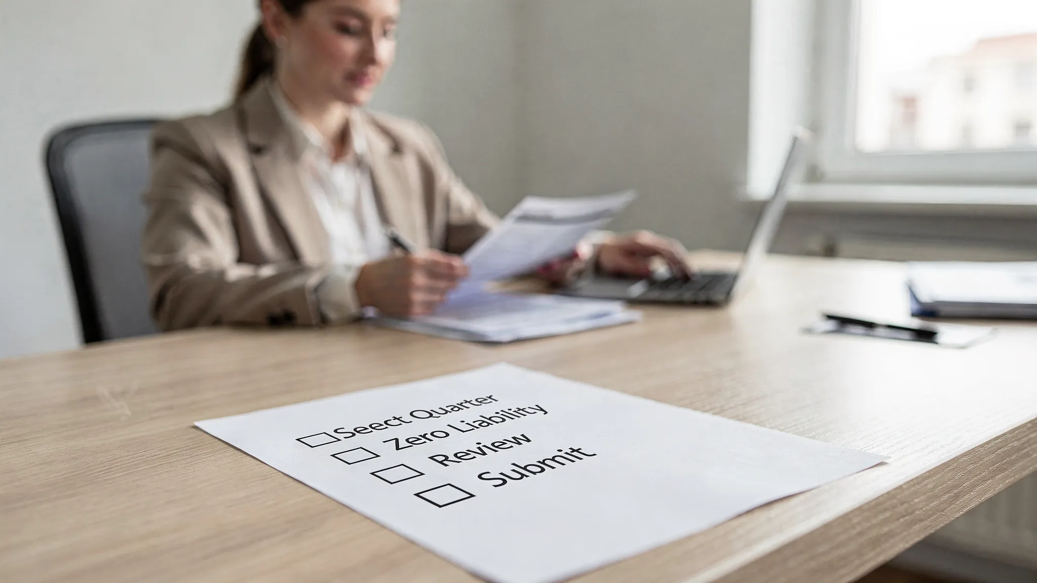 A small business owner at a desk reviewing quarterly tax paperwork next to a laptop, with a simple checklist showing “Select Quarter,” “Zero Liability,” “Review,” and “Submit” on paper.