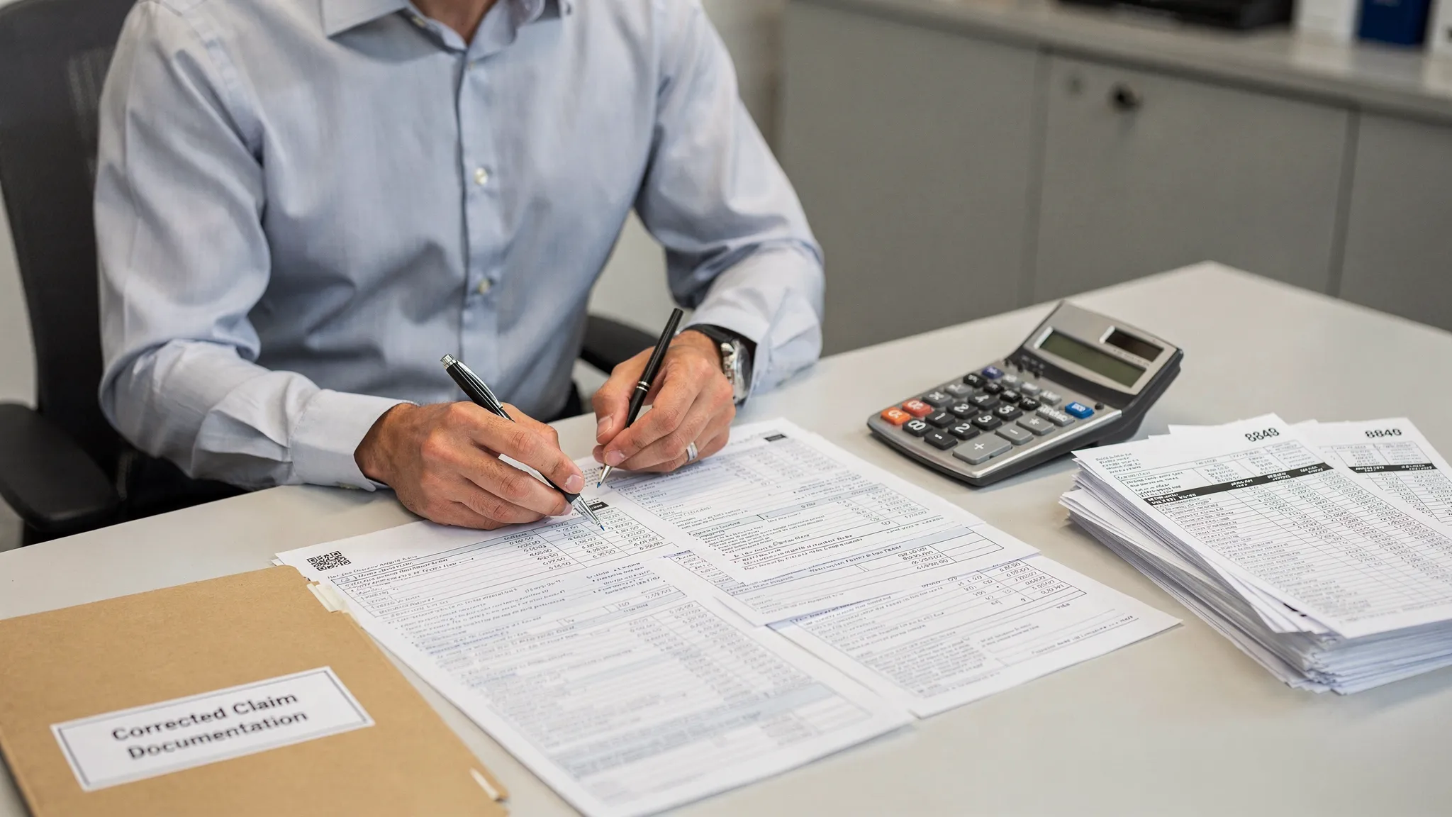 A tax compliance professional at a desk reviewing printed Form 8849 pages alongside a calculator and a neat stack of fuel invoices, with a folder labeled “Corrected Claim Documentation.”