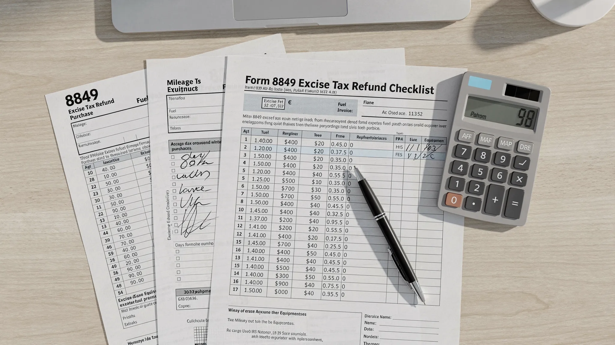 A tidy desk scene with a fuel invoice, a mileage or equipment usage log, a calculator, and a printed Form 8849 checklist, conveying organized documentation for an excise tax refund claim.