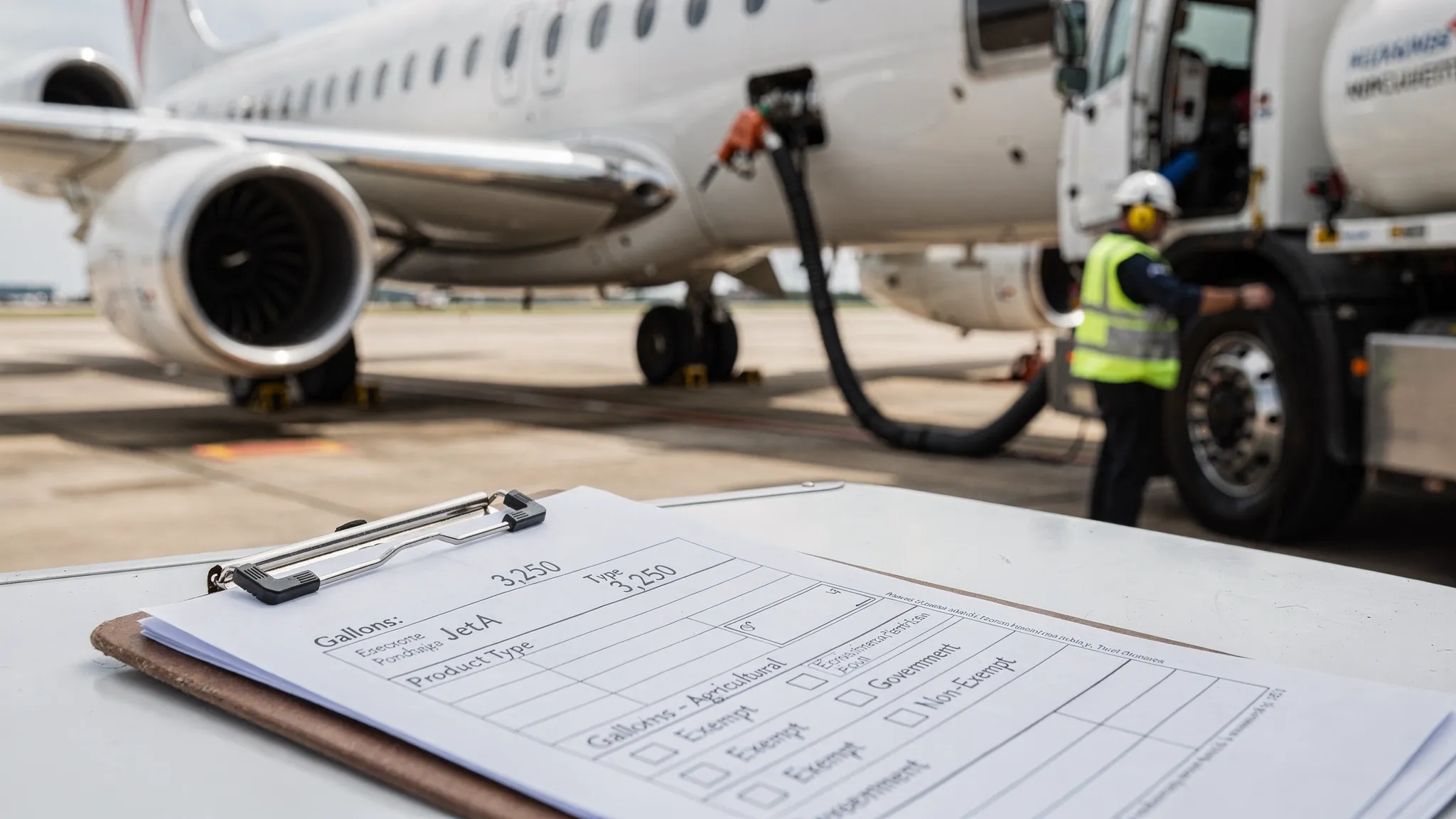 Aircraft fueling scene with a fuel ticket showing gallons product type and exempt use checkboxes.
