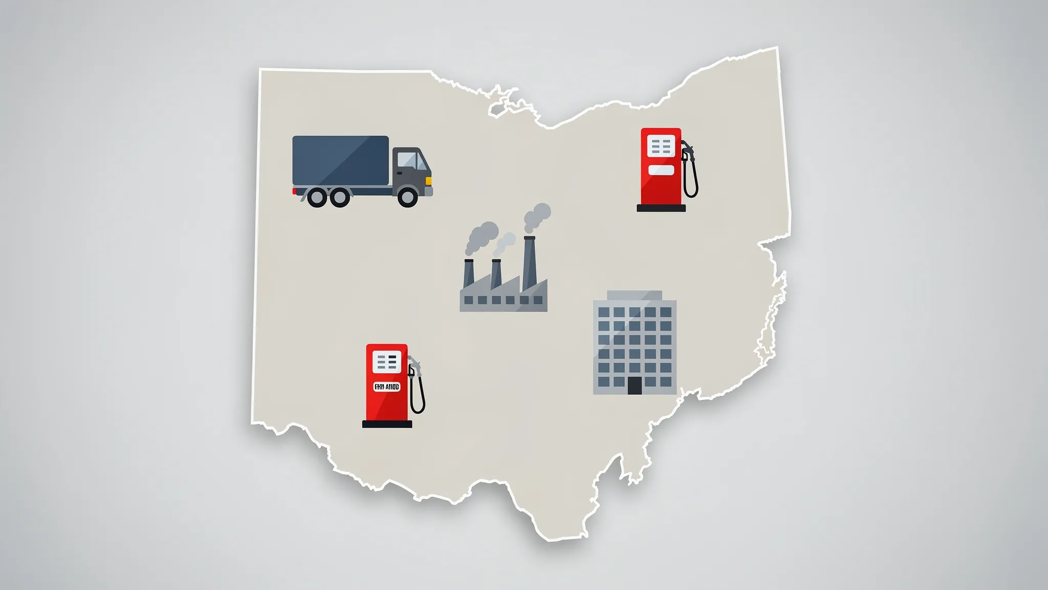 An illustrated map of Ohio with simple icons representing a truck, a fuel pump, a factory, and an office building, symbolizing common industries that may need IRS Form 720 filing across the state.