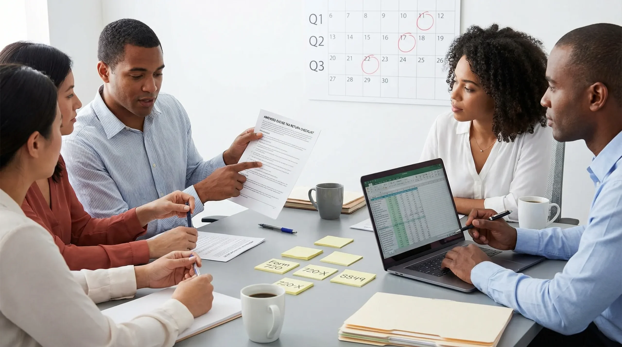 An illustration of a business tax team reviewing an amended excise tax return checklist next to a laptop, with visible paper notes labeled Form 720, 720-X, and 8849, and a calendar showing quarterly deadlines.