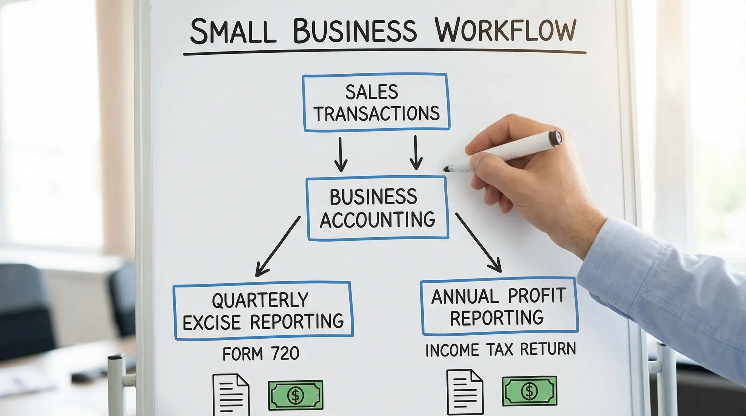 An illustration of a small business workflow showing sales transactions feeding into two paths: quarterly excise reporting (Form 720) and annual profit reporting (income tax return).