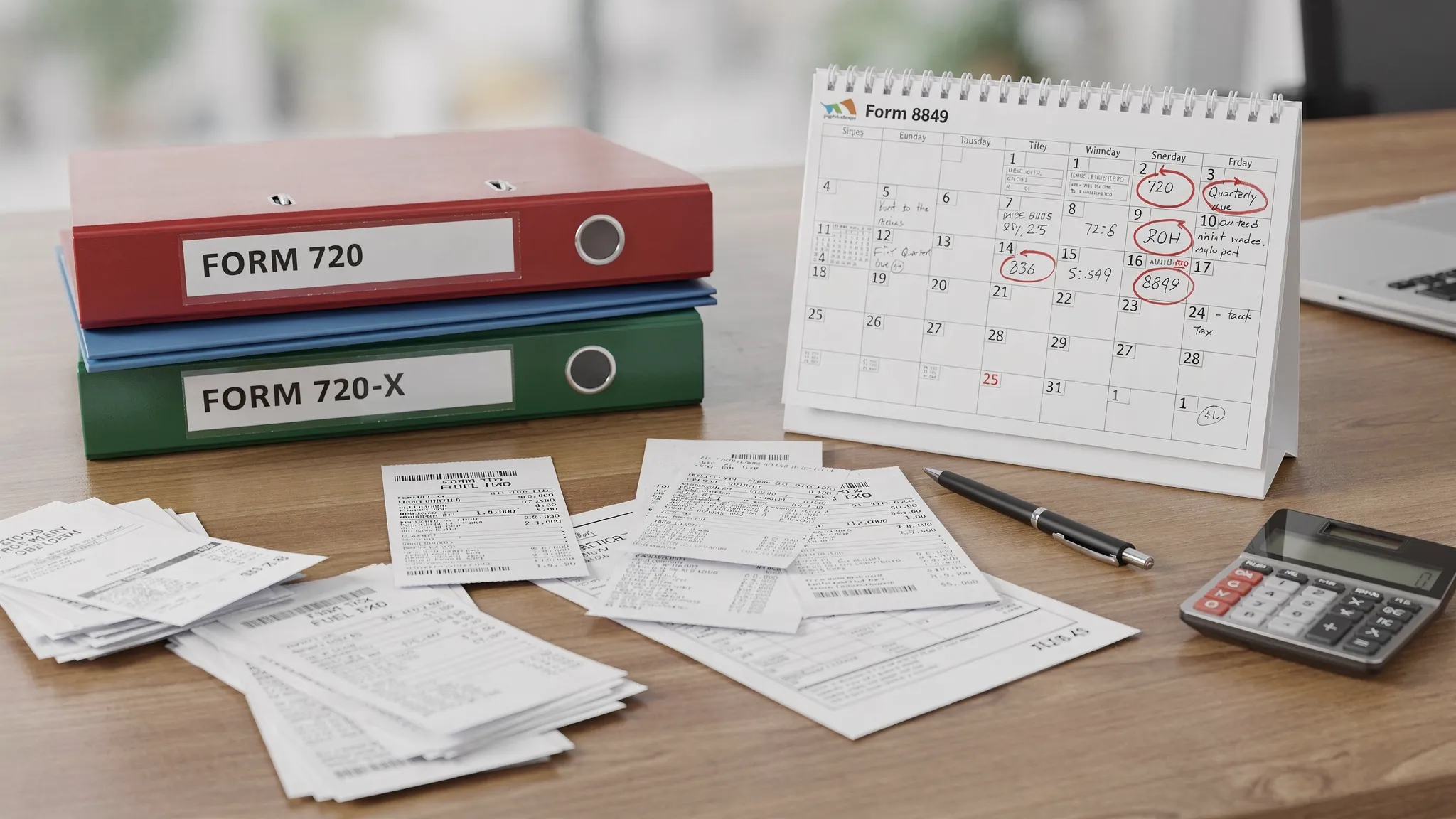 An organized desk scene with labeled folders “Form 720,” “Form 720-X,” and “Form 8849,” alongside invoices, fuel receipts, and a calendar showing quarterly deadlines.