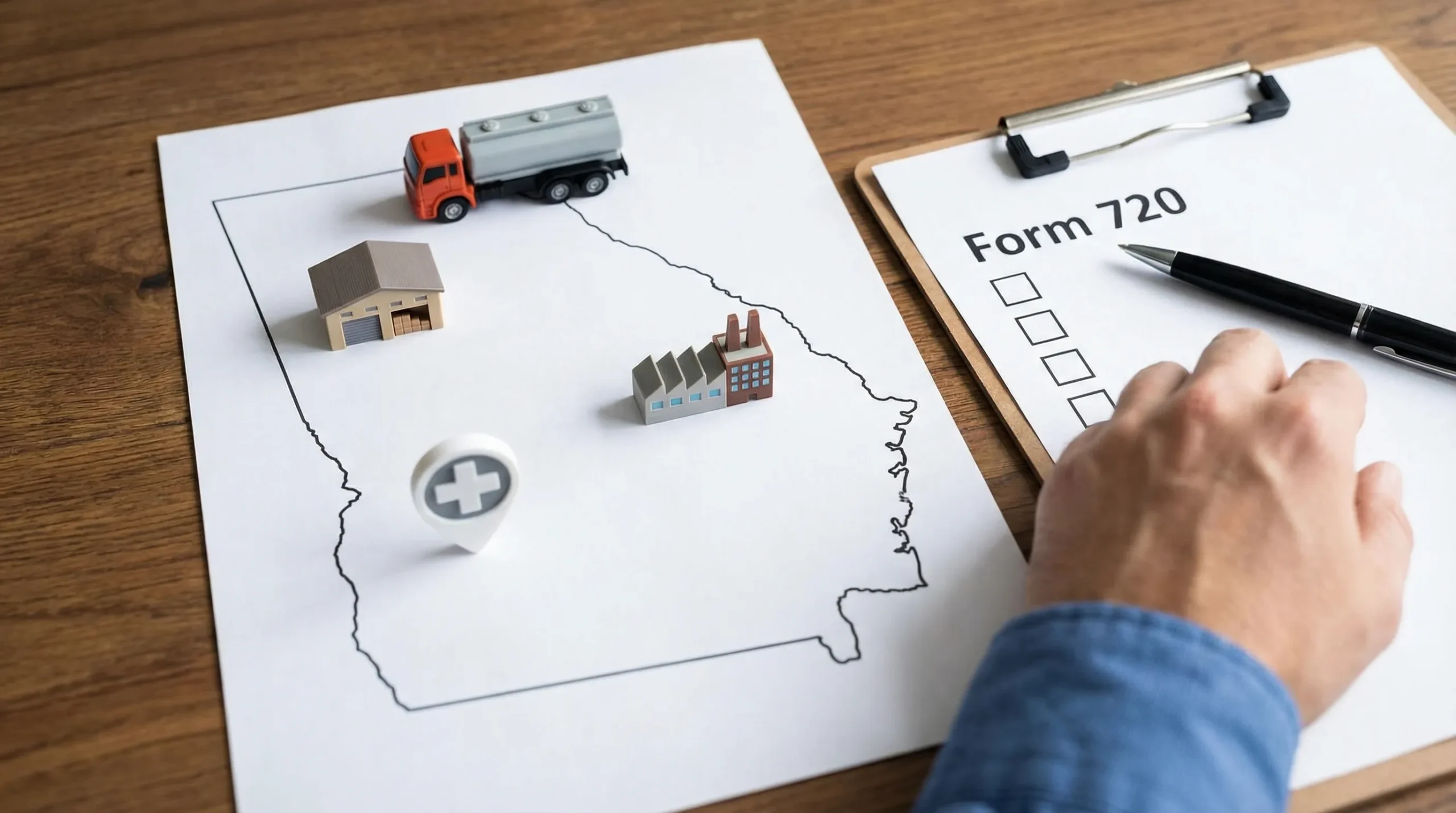 An outline map of Georgia with icons representing common excise tax industries like fuel trucks, a warehouse, a manufacturing plant, and a healthcare symbol, plus a simple checklist labeled “Form 720”.