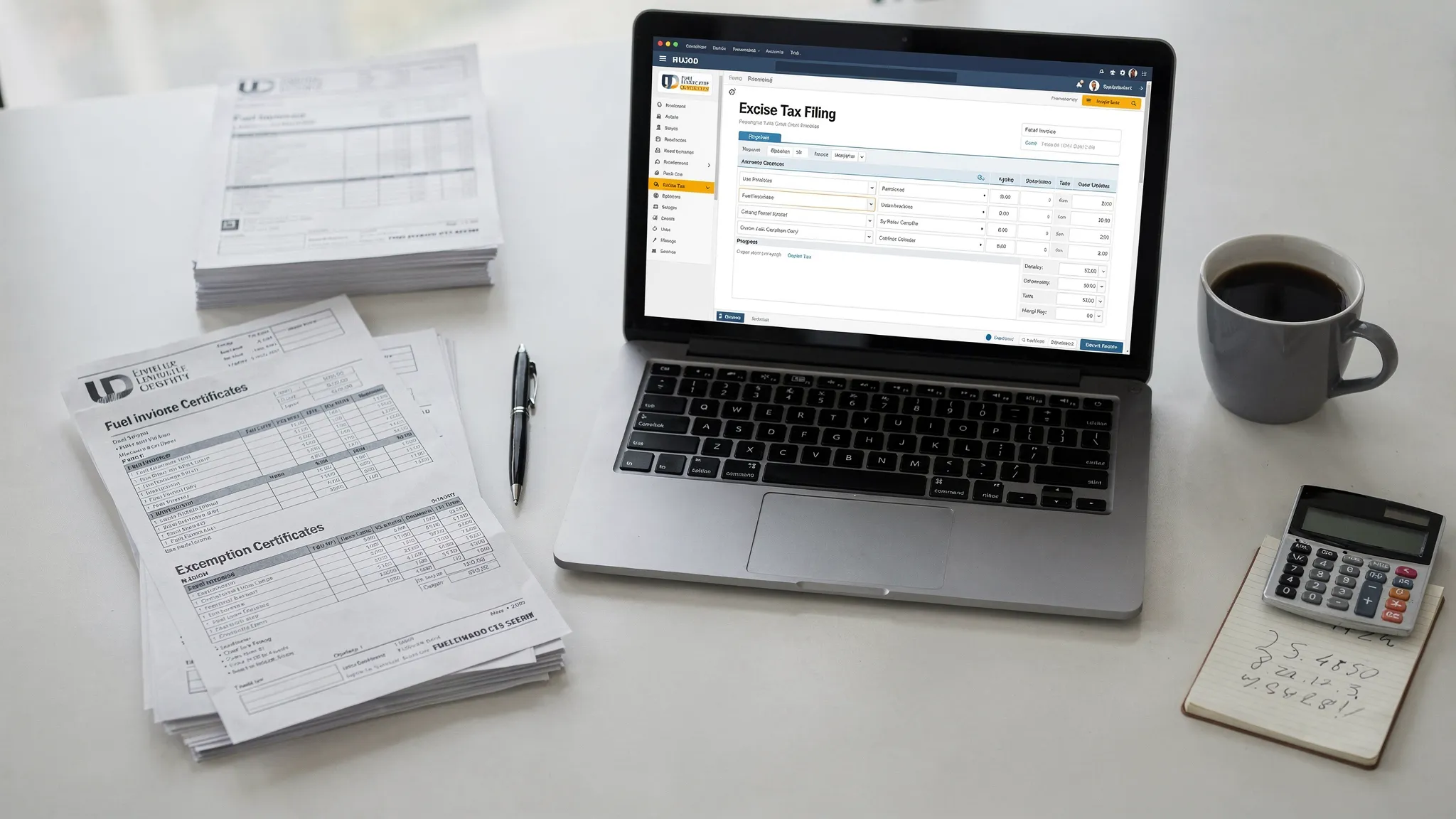 Desk with fuel invoices exemption certificates and a laptop open to an online excise tax filing portal.