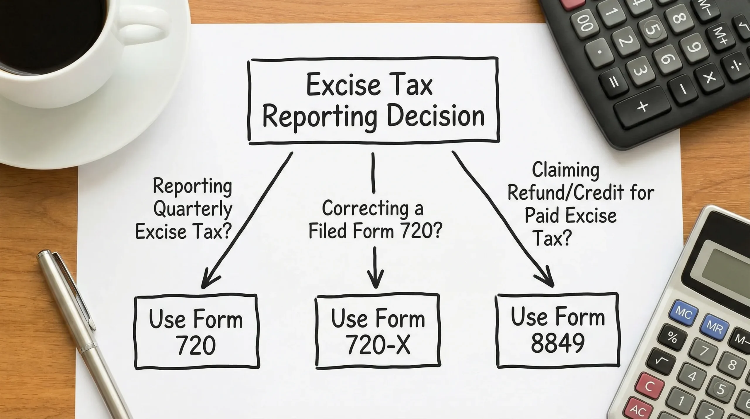 Simple flowchart showing when to use Form 720 vs Form 720-X vs Form 8849, with three boxes and arrows based on whether you are reporting quarterly tax, correcting a filed 720, or claiming a refund/credit for excise tax already paid.
