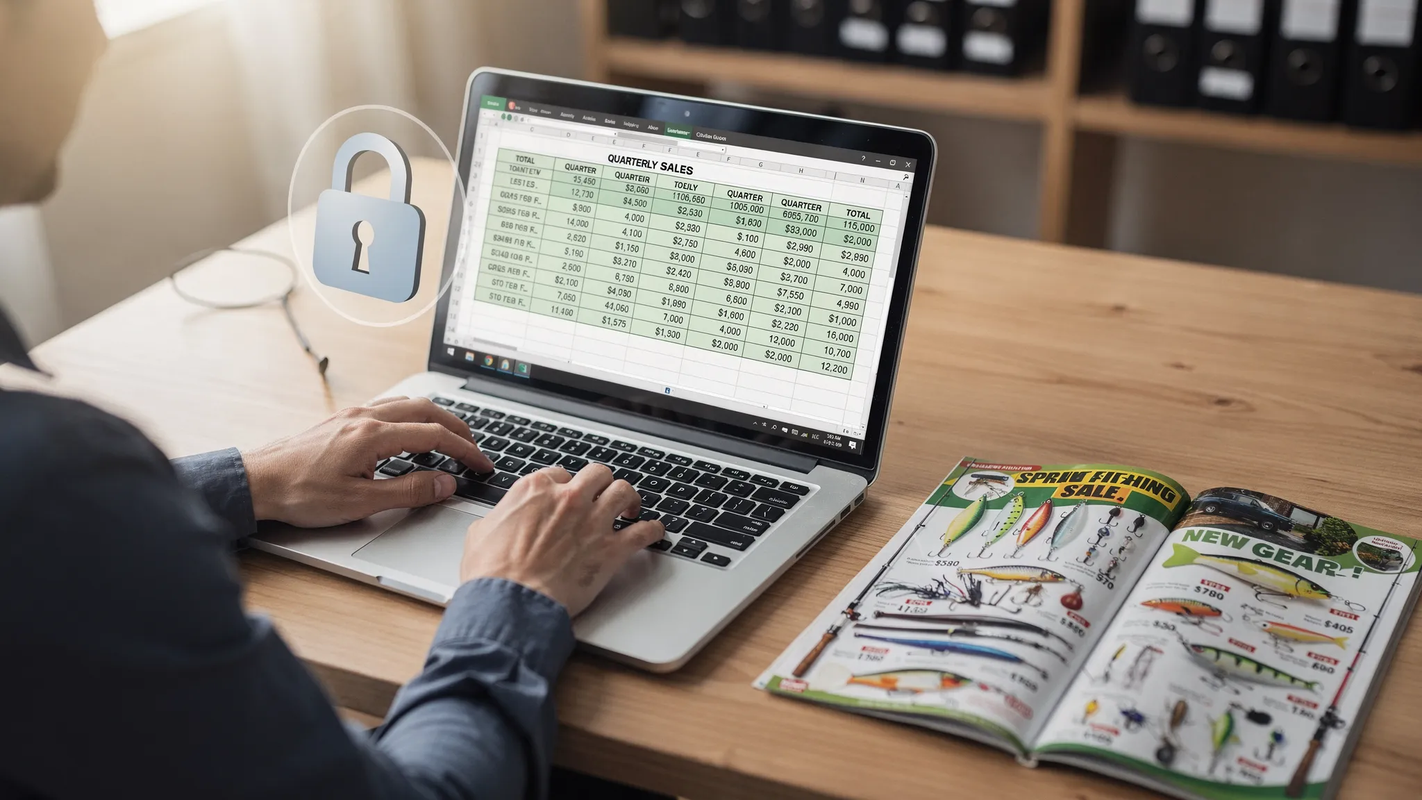 Tax filer entering quarterly sales amounts on a laptop with a fishing catalog and a lock icon