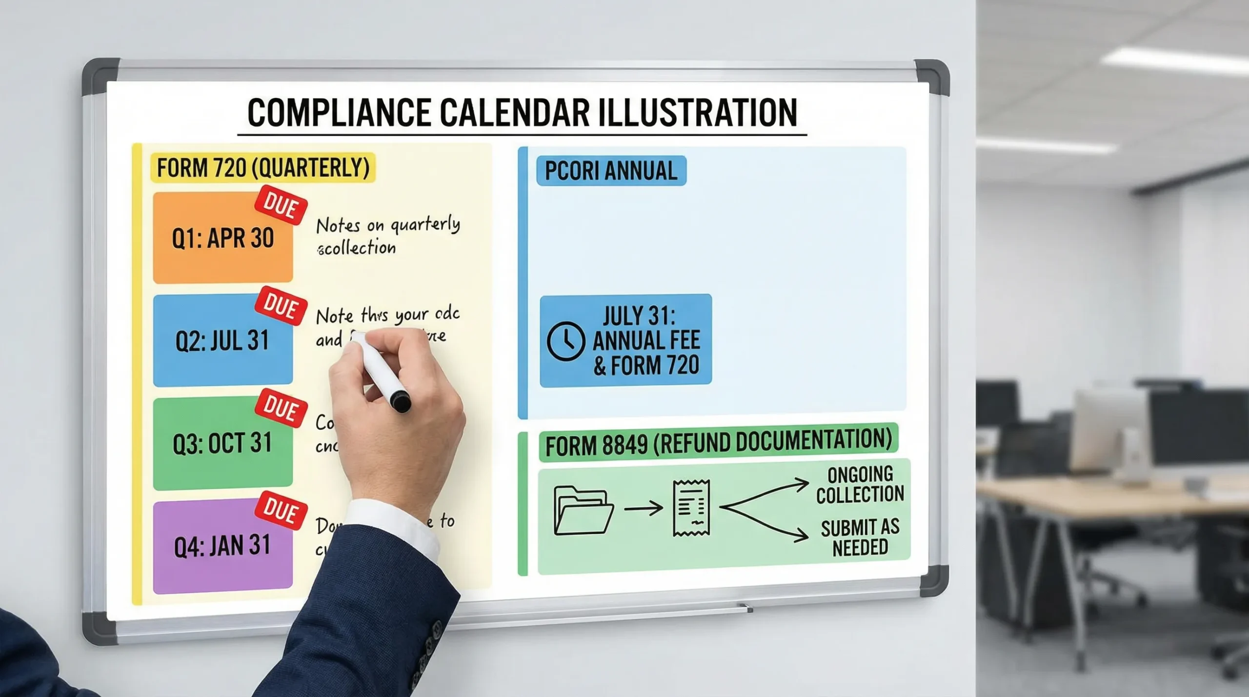 A clean compliance calendar illustration showing quarterly Form 720 due dates, a PCORI annual reminder, and a parallel track for Form 8849 refund documentation.