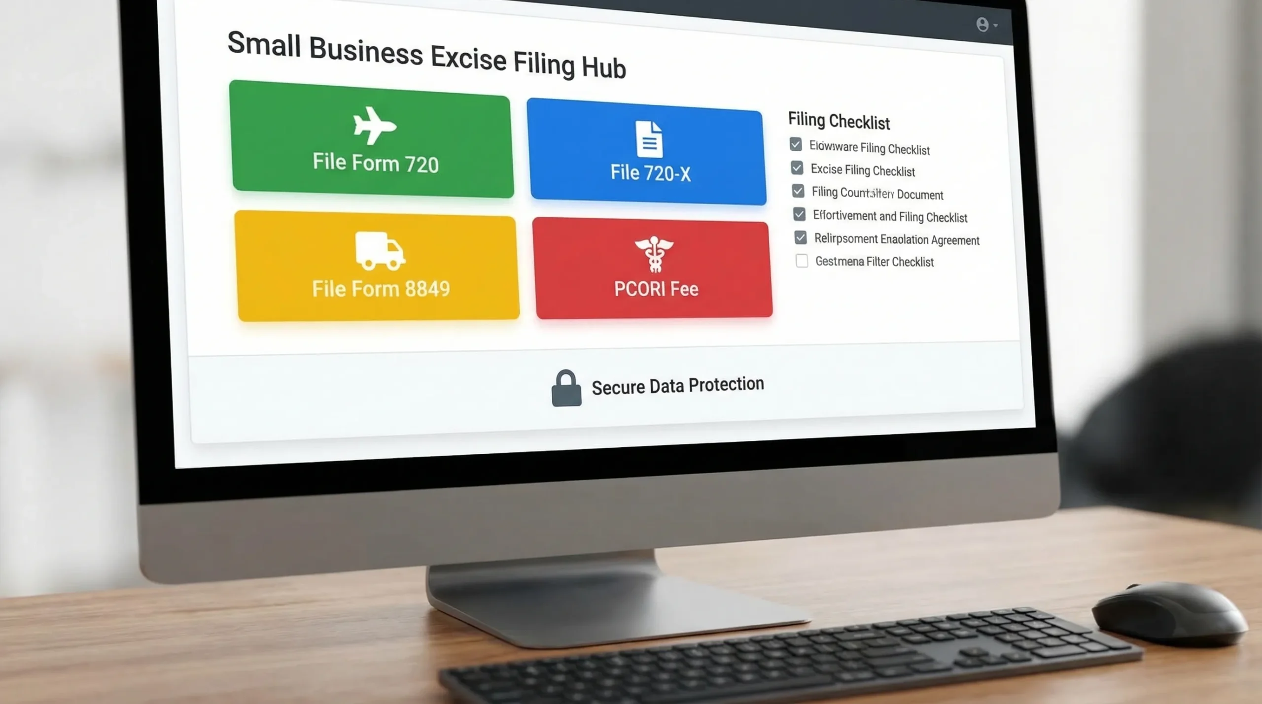 A clean dashboard-style illustration showing a small business excise filing hub with tiles for “File Form 720,” “File 720-X,” “File Form 8849,” and “PCORI Fee,” with a checklist and a lock icon representing secure data protection.
