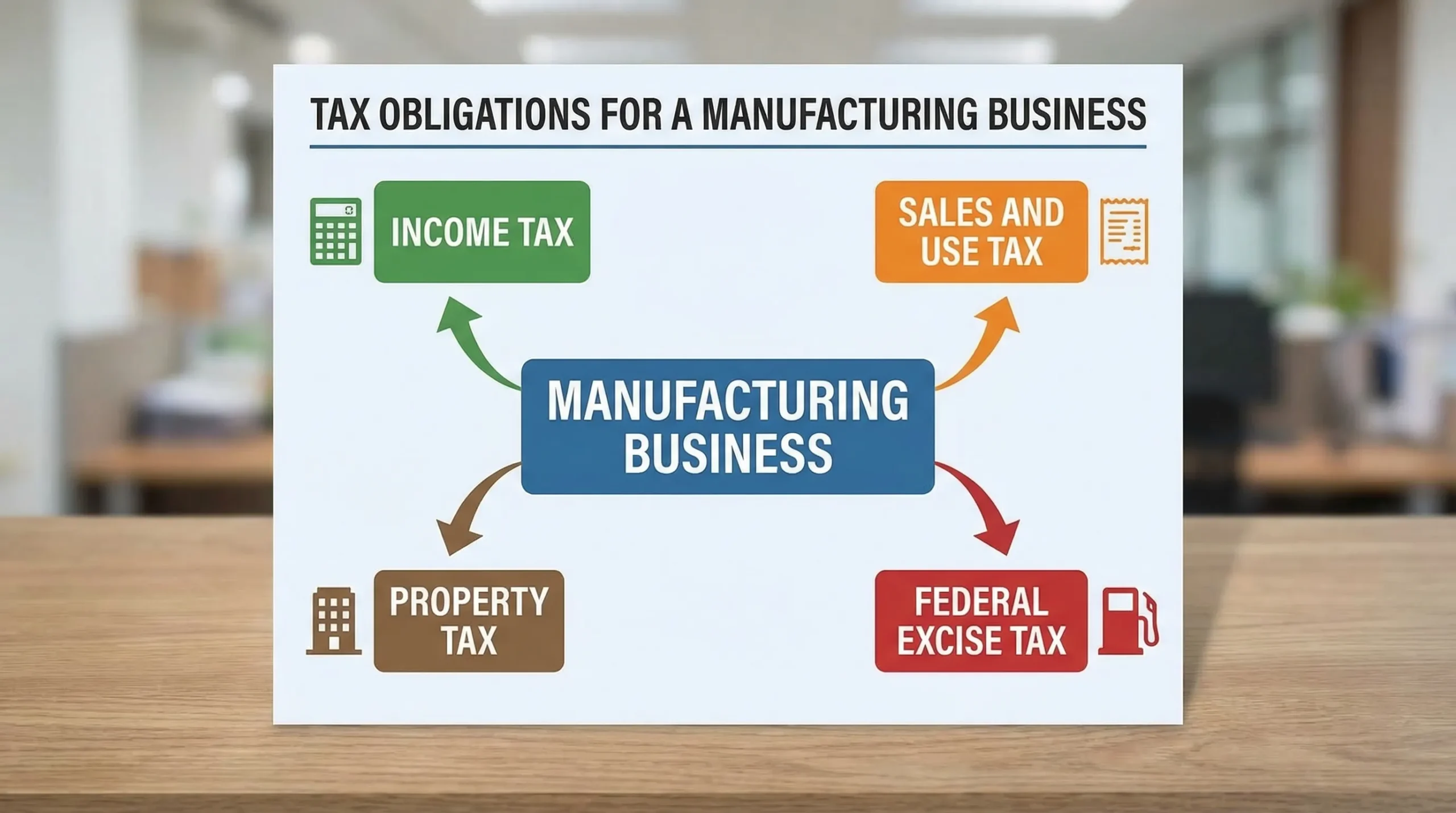 A clean infographic showing four boxes labeled Income Tax, Sales and Use Tax, Property Tax, and Federal Excise Tax, with arrows from “Manufacturing Business” to each box, plus small icons like a calculator, receipt, building, and fuel pump.
