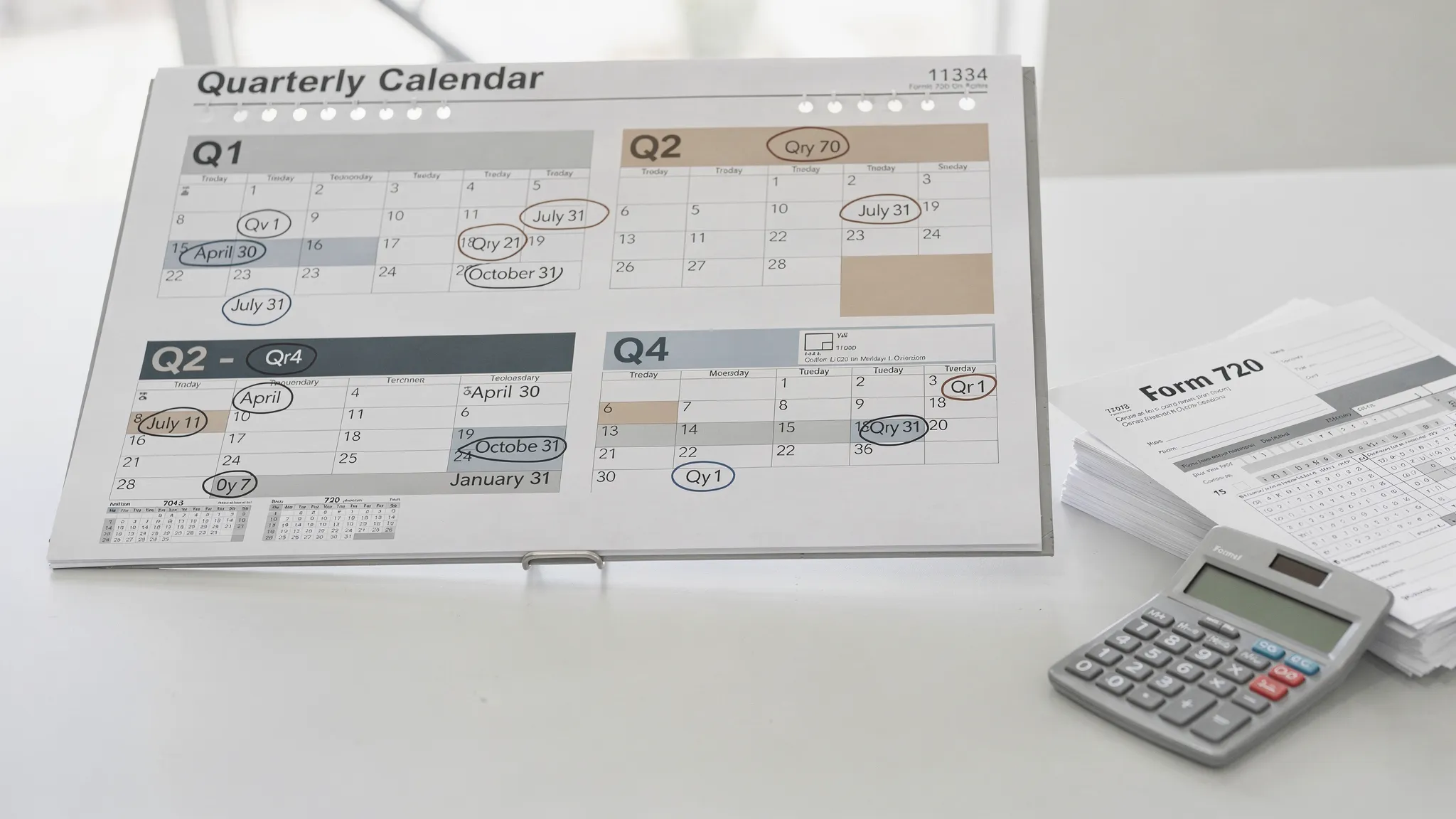 A clean quarterly calendar view showing Q1–Q4 with the typical Form 720 due dates highlighted (Apr 30, Jul 31, Oct 31, Jan 31), alongside a small stack of tax documents labeled “Form 720” and a calculator on a desk.