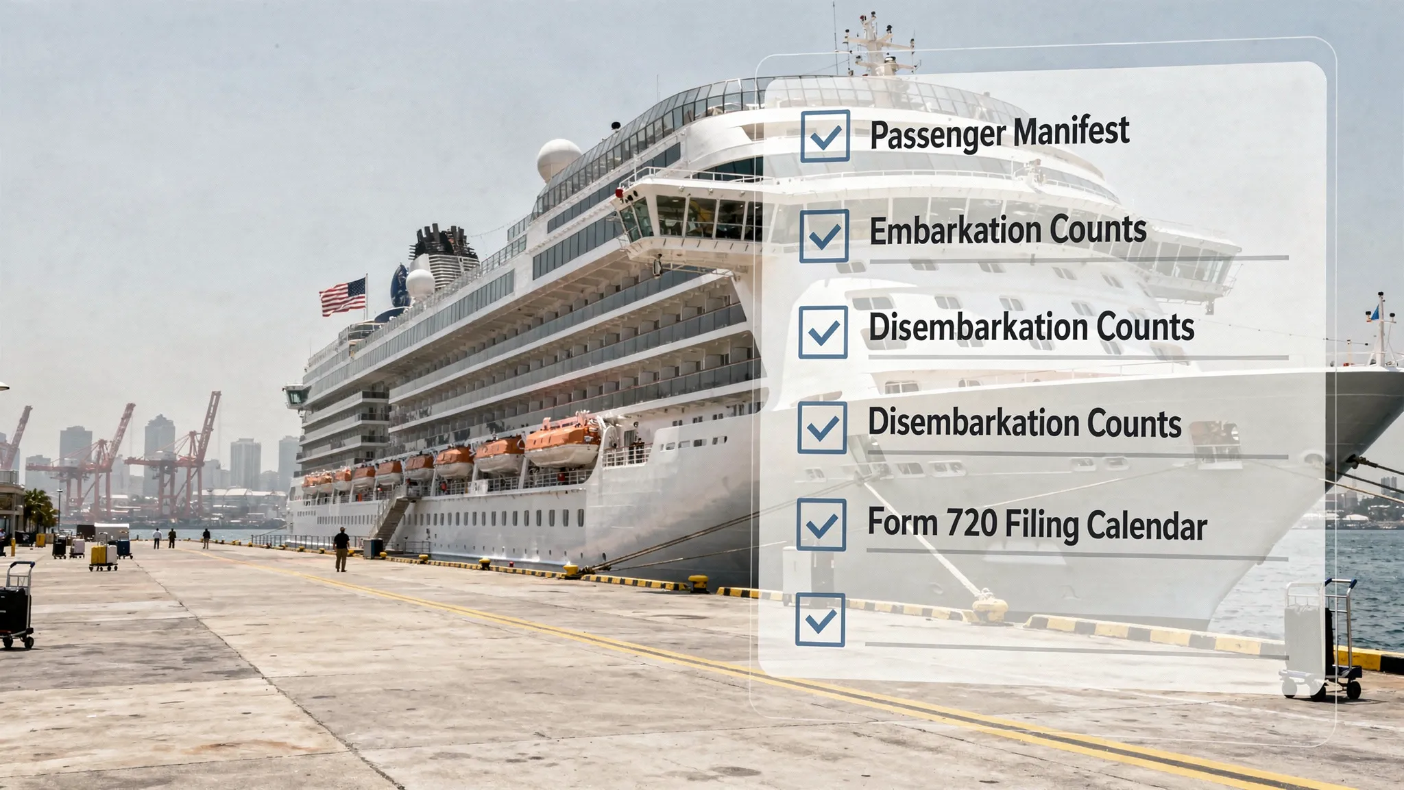 A cruise ship docked at a U.S. port with a checklist overlay showing passenger manifest, embarkation counts, disembarkation counts, and Form 720 filing calendar.