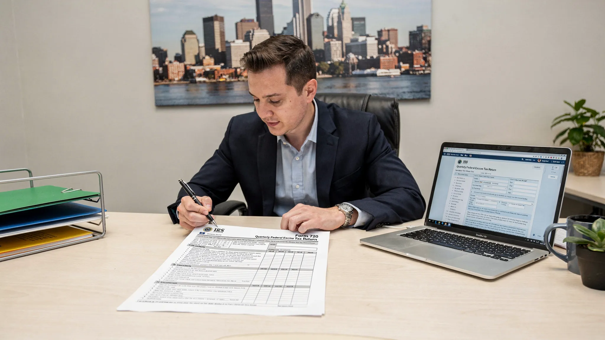 A Massachusetts-based business owner at a desk reviewing quarterly excise tax records, with a paper Form 720 and a laptop open to an online filing portal; the office includes subtle Massachusetts cues like a Boston skyline photo on the wall.