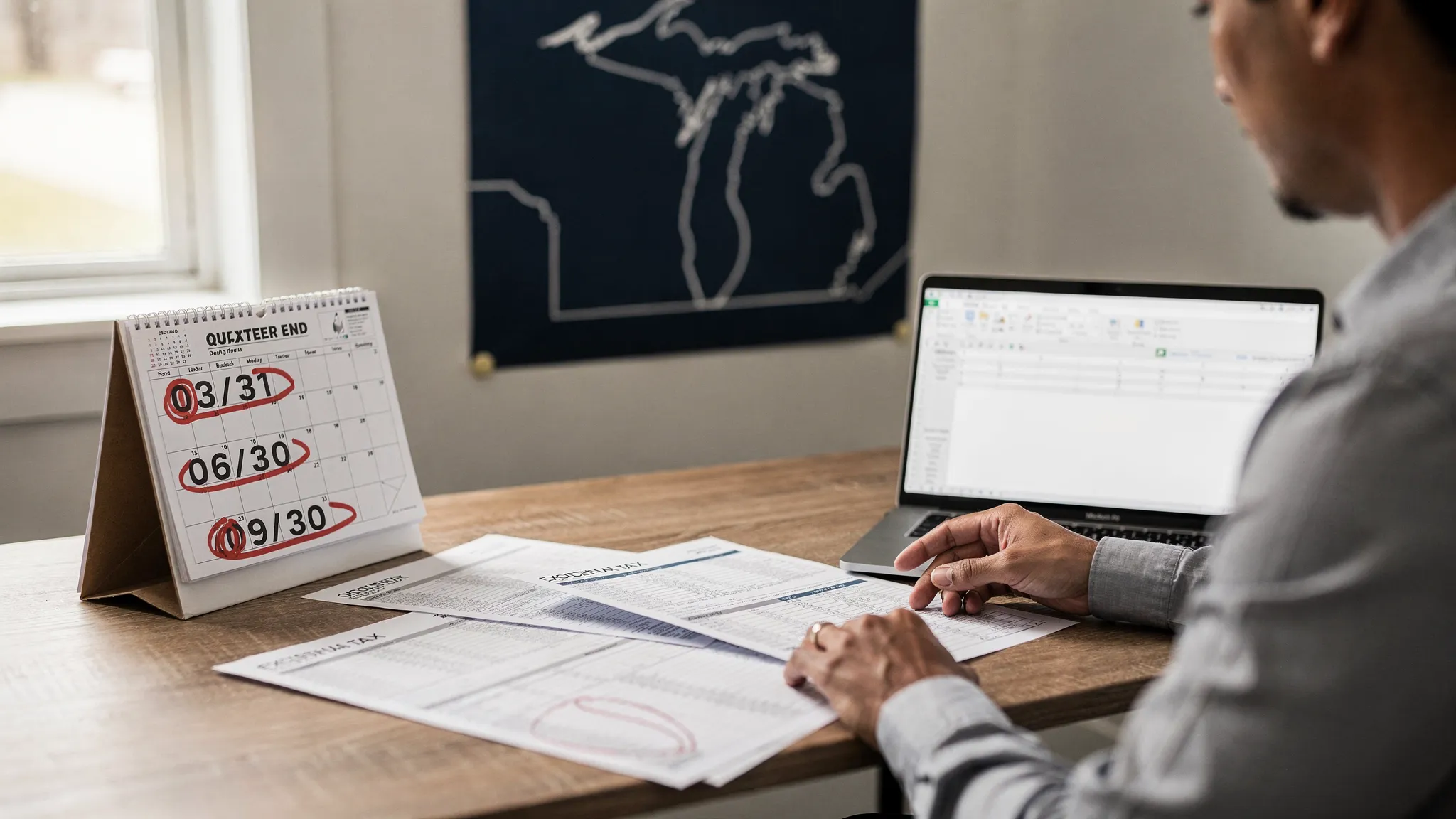 A Michigan-based small business owner reviewing quarterly excise tax records on a desk with a laptop, a calendar showing quarter-end dates, and a simple map outline of Michigan in the background.