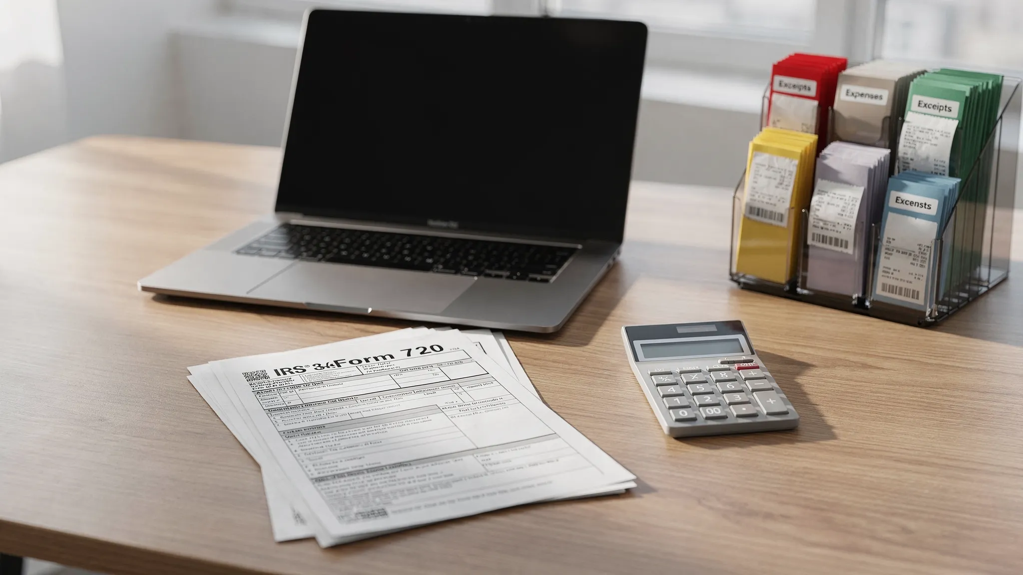 A neat workspace scene with a laptop on a desk, a printed IRS Form 720 packet, a calculator, and organized receipts in labeled folders, suggesting fast and accurate excise tax preparation. The laptop screen is angled away and shows no readable content.