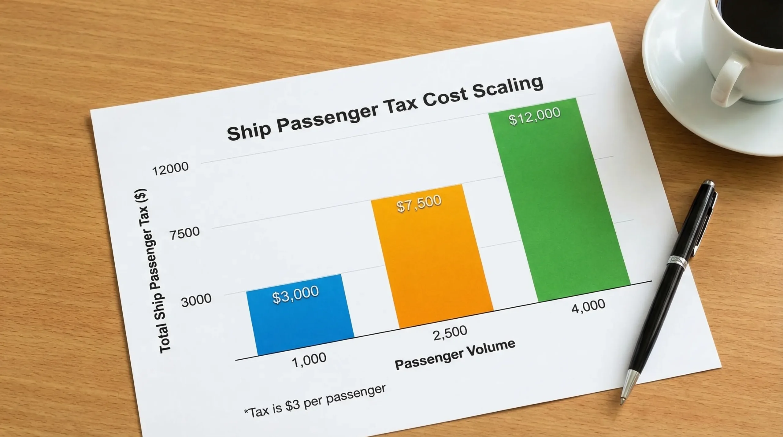 A simple bar chart showing Ship Passenger Tax cost scaling with passenger volume: 1,000 passengers, 2,500 passengers, 4,000 passengers, each multiplied by the $3 per passenger tax.
