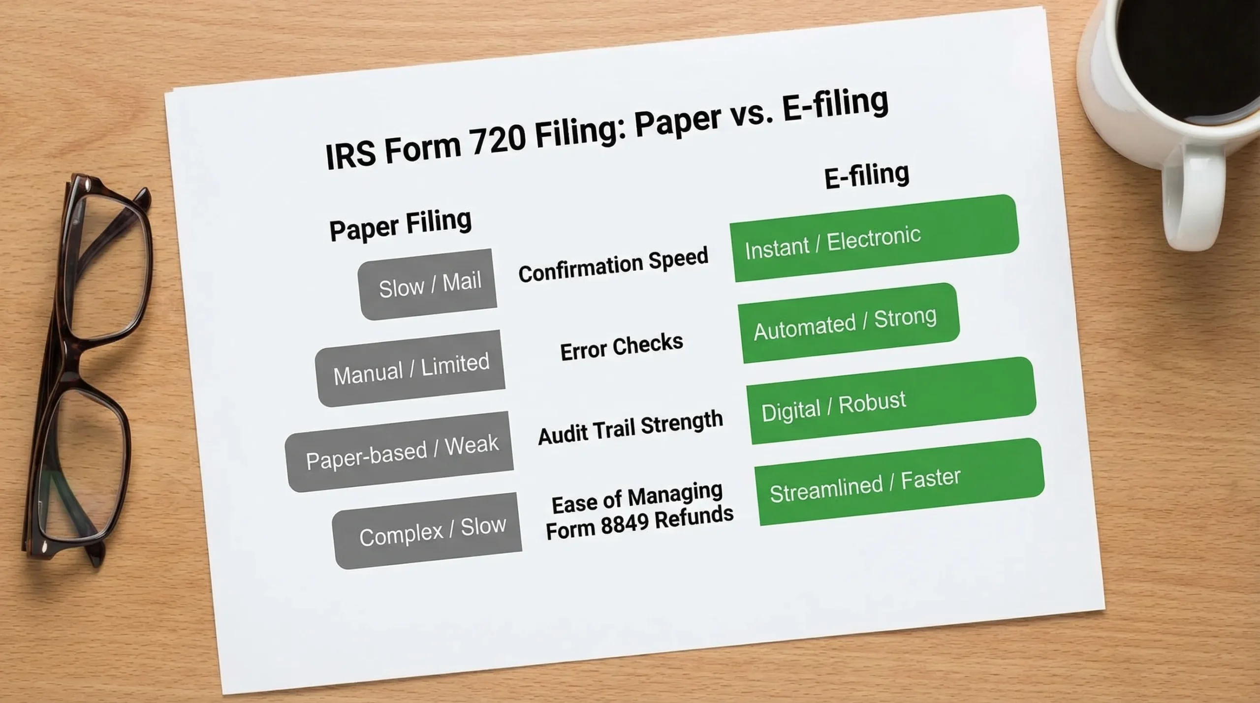 A simple comparison chart showing paper filing versus e-filing for IRS Form 720 across four factors: confirmation speed, error checks, audit trail strength, and ease of managing Form 8849 refunds. The chart uses side-by-side bars and short labels, with no brand logos.