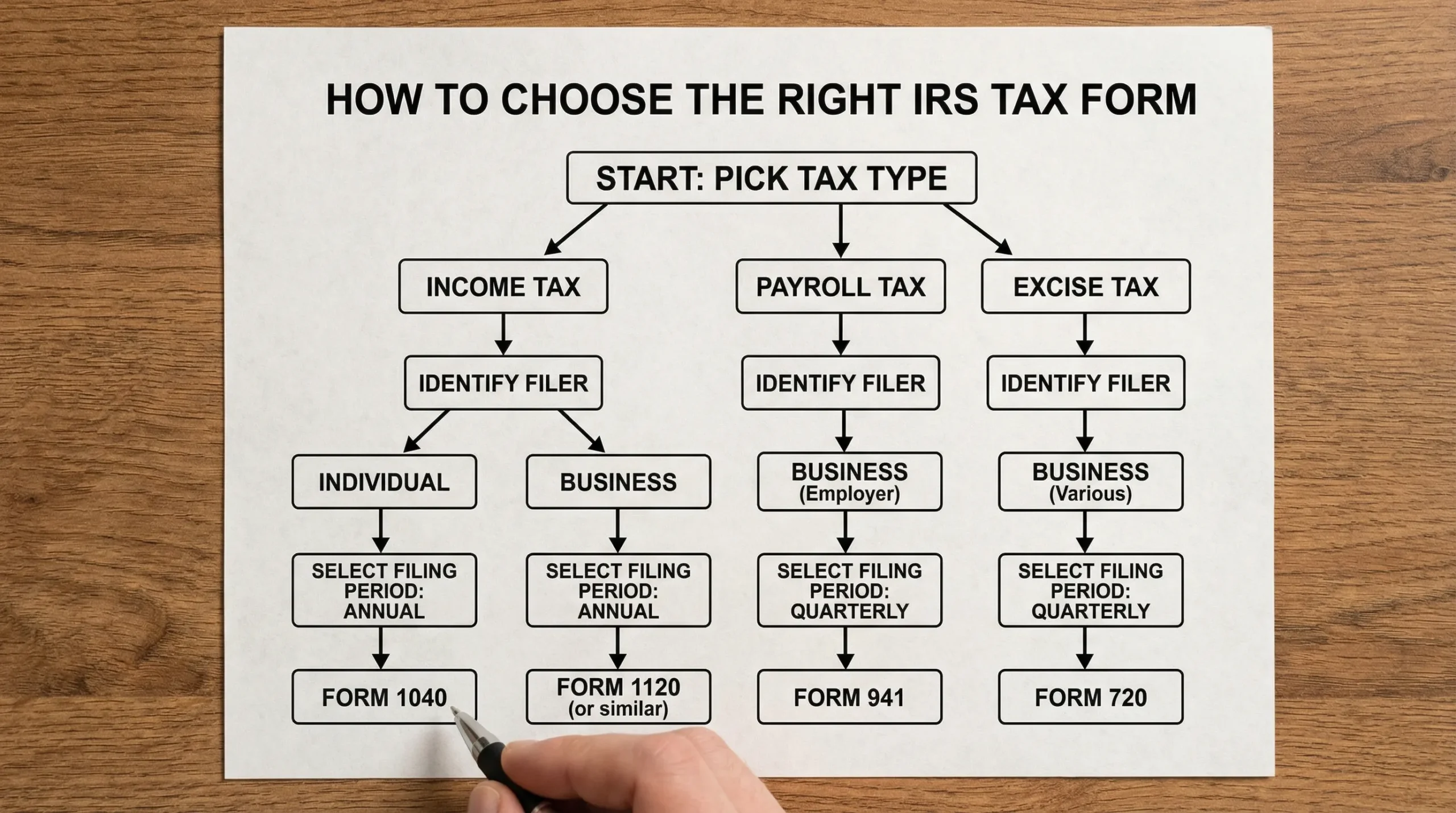 A simple decision flowchart showing how to choose the right IRS tax form: pick tax type (income, payroll, excise), identify filer (individual or business), select filing period (annual or quarterly), then match to a form number like 1040, 941, or 720.
