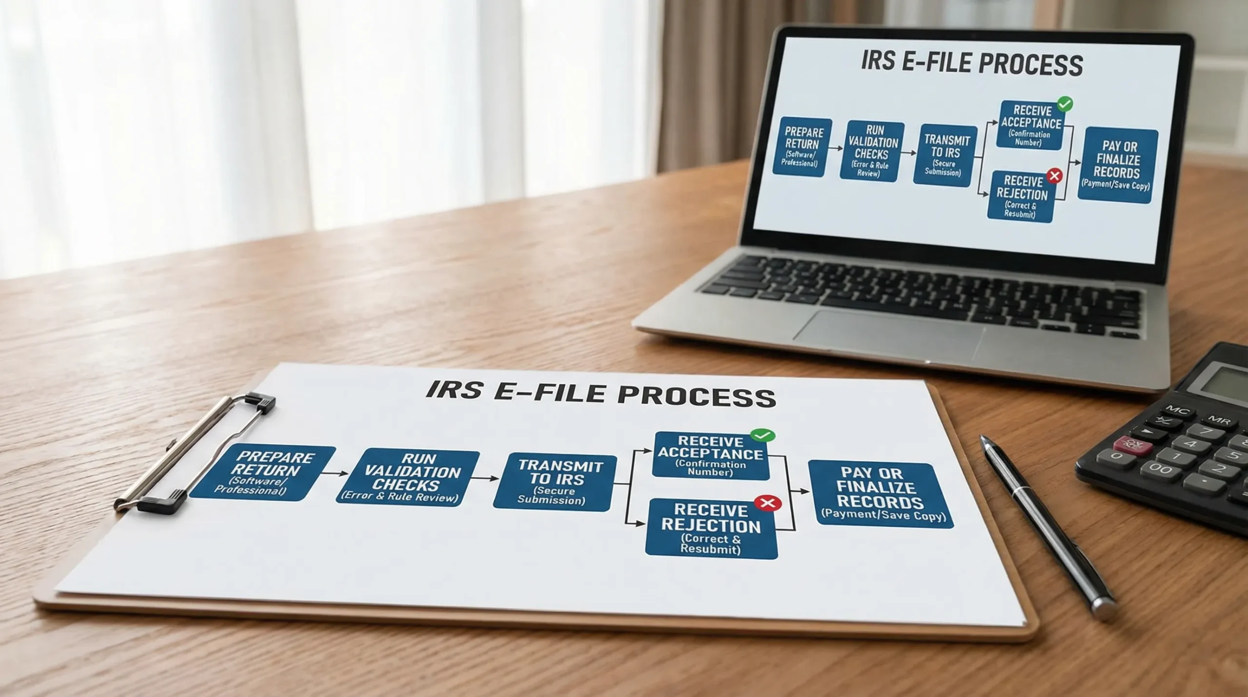 A simple flow diagram showing the IRS e-file process: prepare return, run validation checks, transmit to IRS, receive acceptance or rejection, then pay or finalize records.