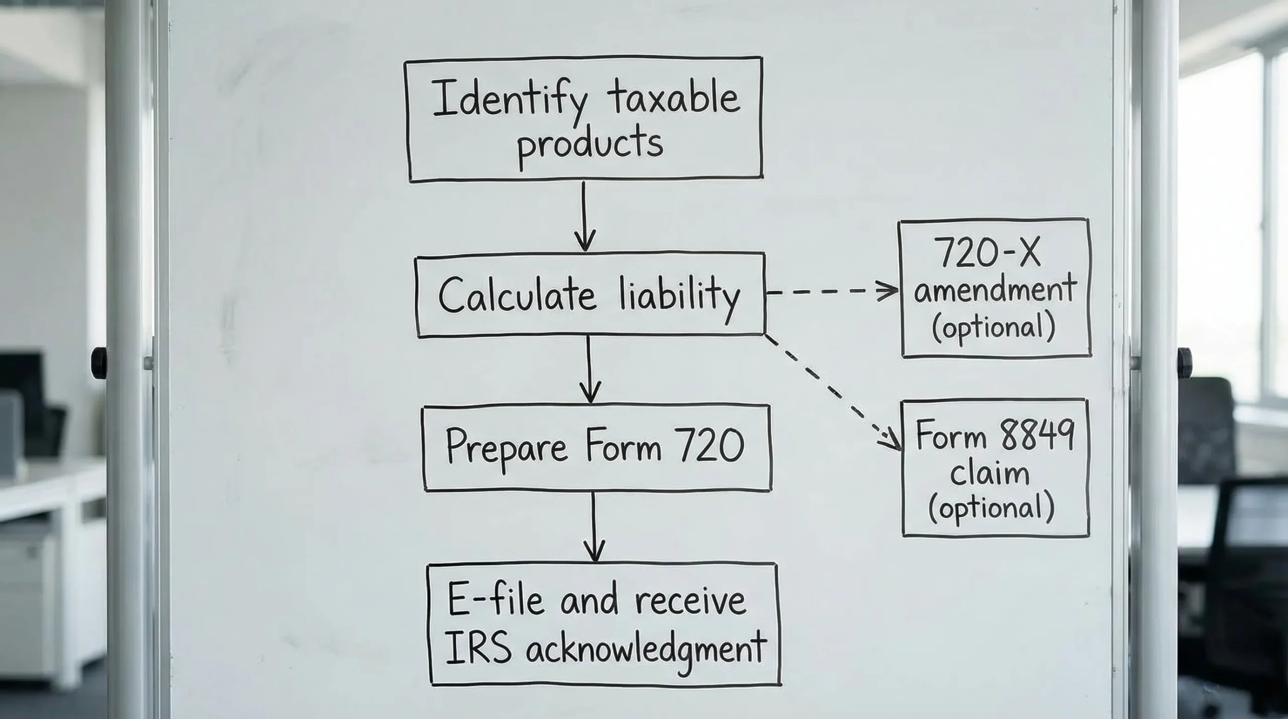 A simple flowchart showing “Identify taxable products” to “Calculate liability” to “Prepare Form 720” to “E-file and receive IRS acknowledgment,” with side branches labeled “720-X amendment” and “Form 8849 claim” as optional paths.