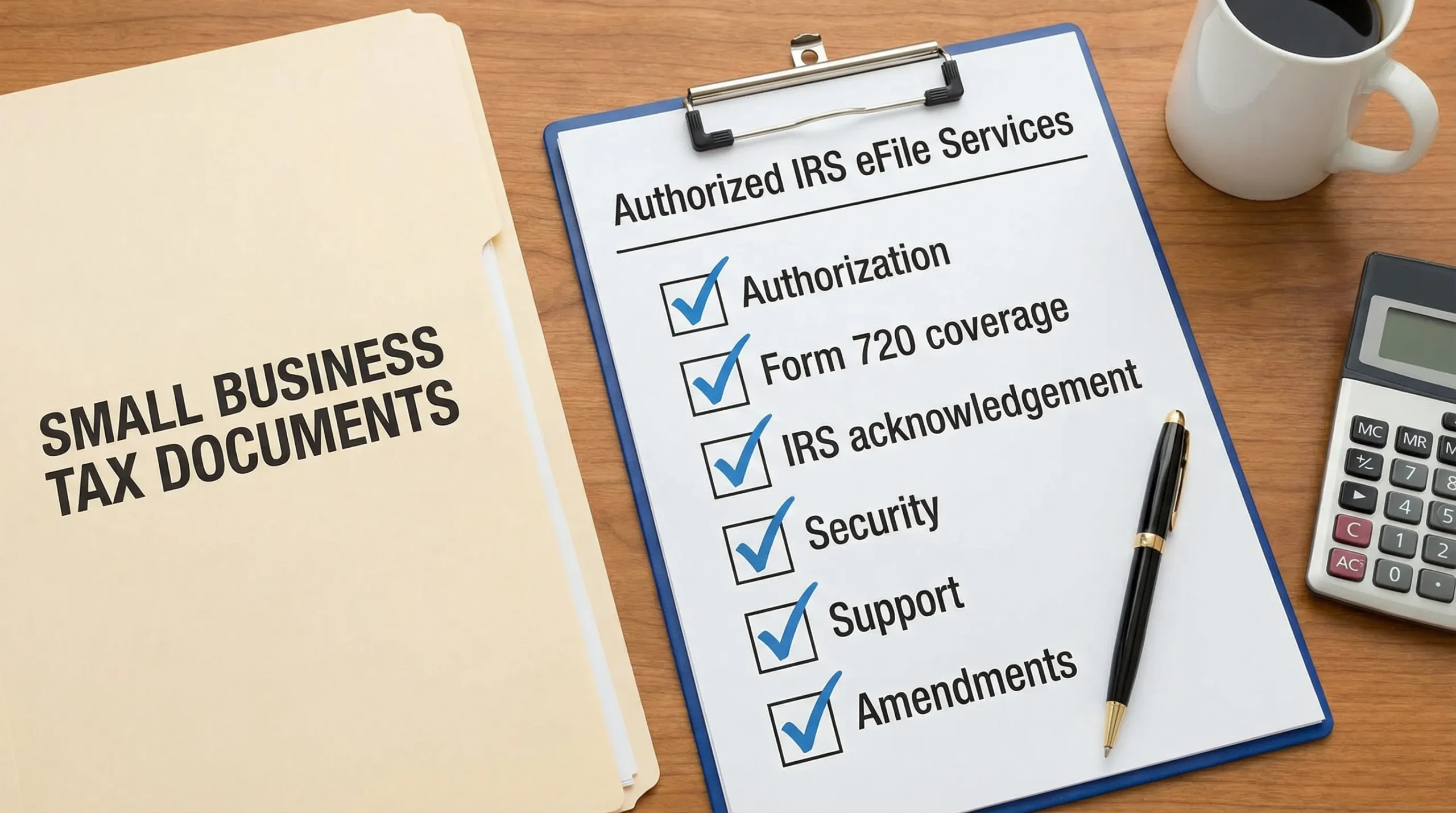 A simple illustrated checklist labeled “Authorized IRS eFile Services” with checkmarks for Authorization, Form 720 coverage, IRS acknowledgement, Security, Support, and Amendments, shown alongside a small business document folder.