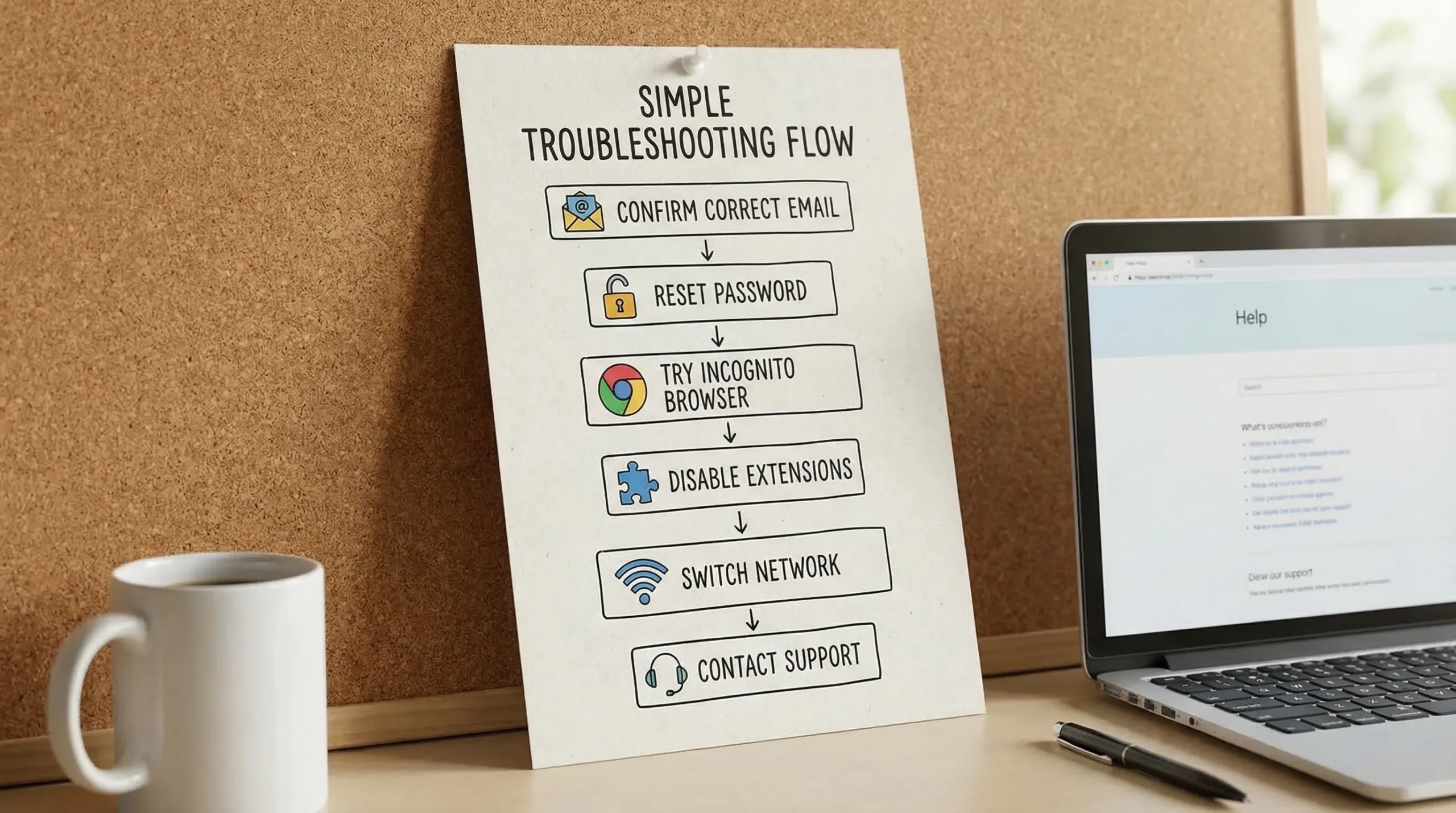 A simple troubleshooting flow graphic showing steps: confirm correct email, reset password, try incognito browser, disable extensions, switch network, contact support.