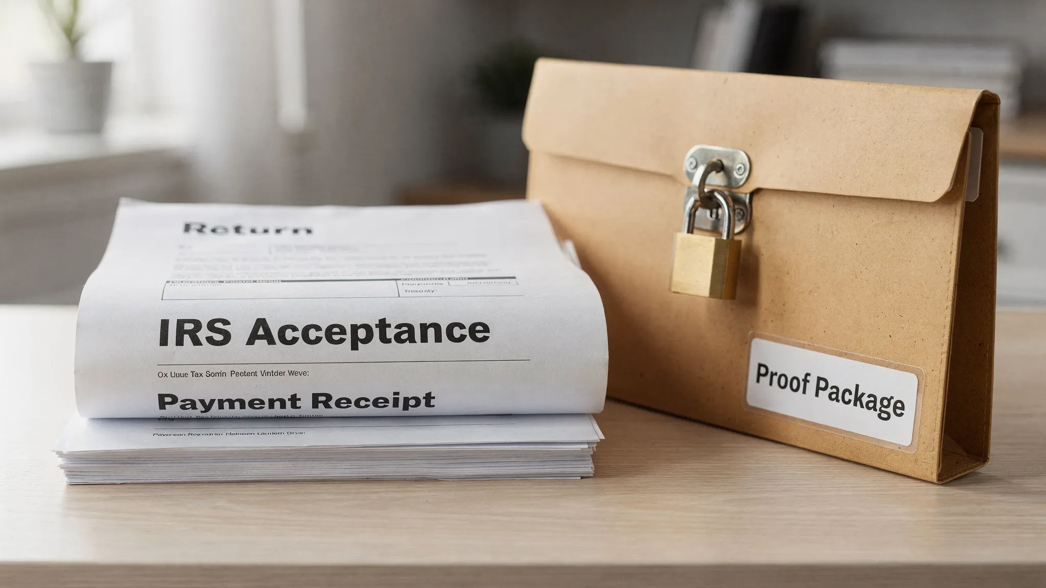 A simple visual showing three stacked documents labeled “Return,” “IRS Acceptance,” and “Payment Receipt,” next to a locked folder labeled “Proof Package,” representing audit-ready documentation after online tax filing.
