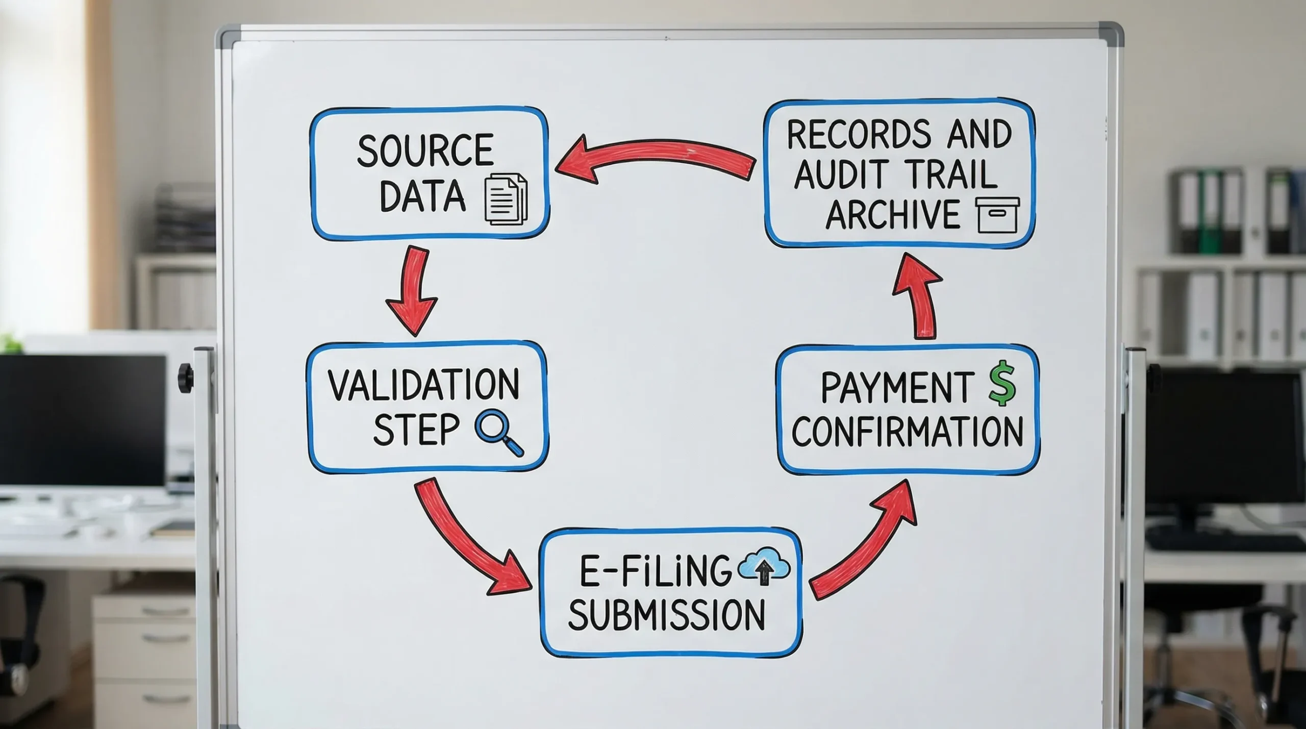 A simple workflow diagram showing a business tax compliance cycle: source data feeds into a validation step, then e-filing submission, then payment confirmation, then a records and audit trail archive. The diagram has five labeled boxes connected in a loop.