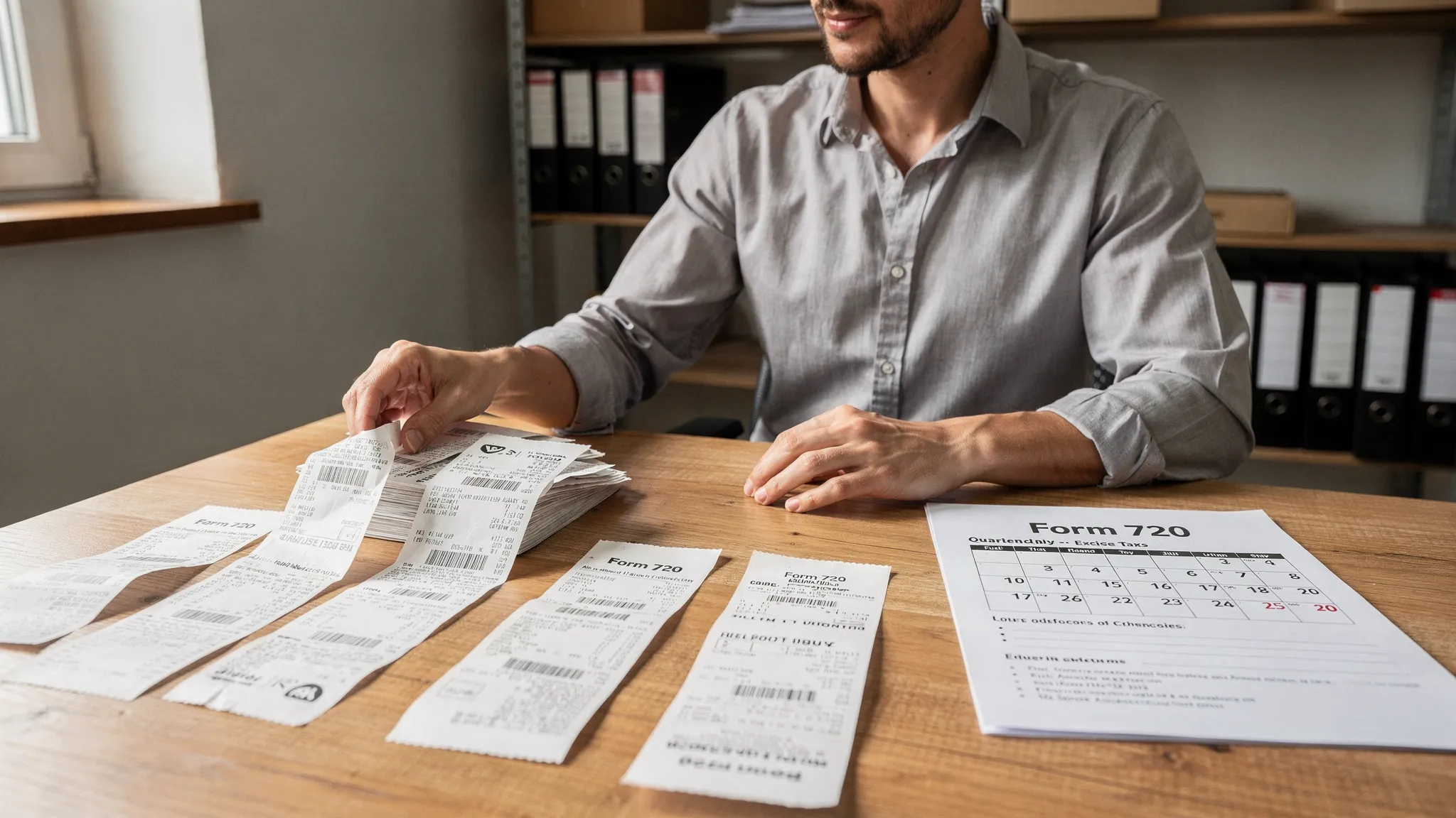 A small business owner organizing excise tax records on a desk, including fuel receipts, a quarterly calendar, and a checklist labeled “Form 720”. No computer screens are visible.