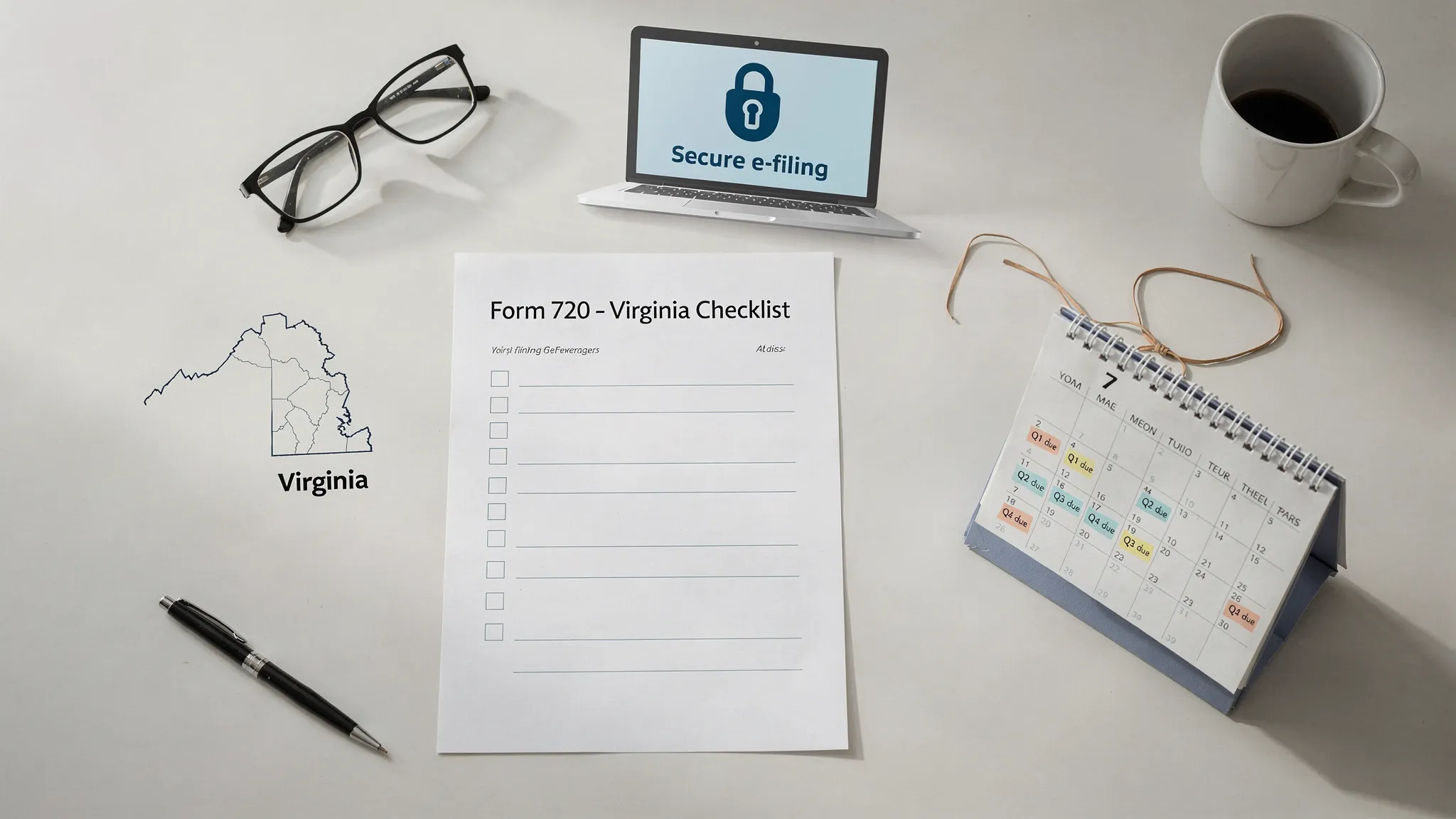 A Virginia-themed tax compliance scene showing a simple Form 720 checklist on a desk with a small outline map of Virginia, a calendar with quarterly due dates highlighted, and a secure online filing icon to represent e-filing.